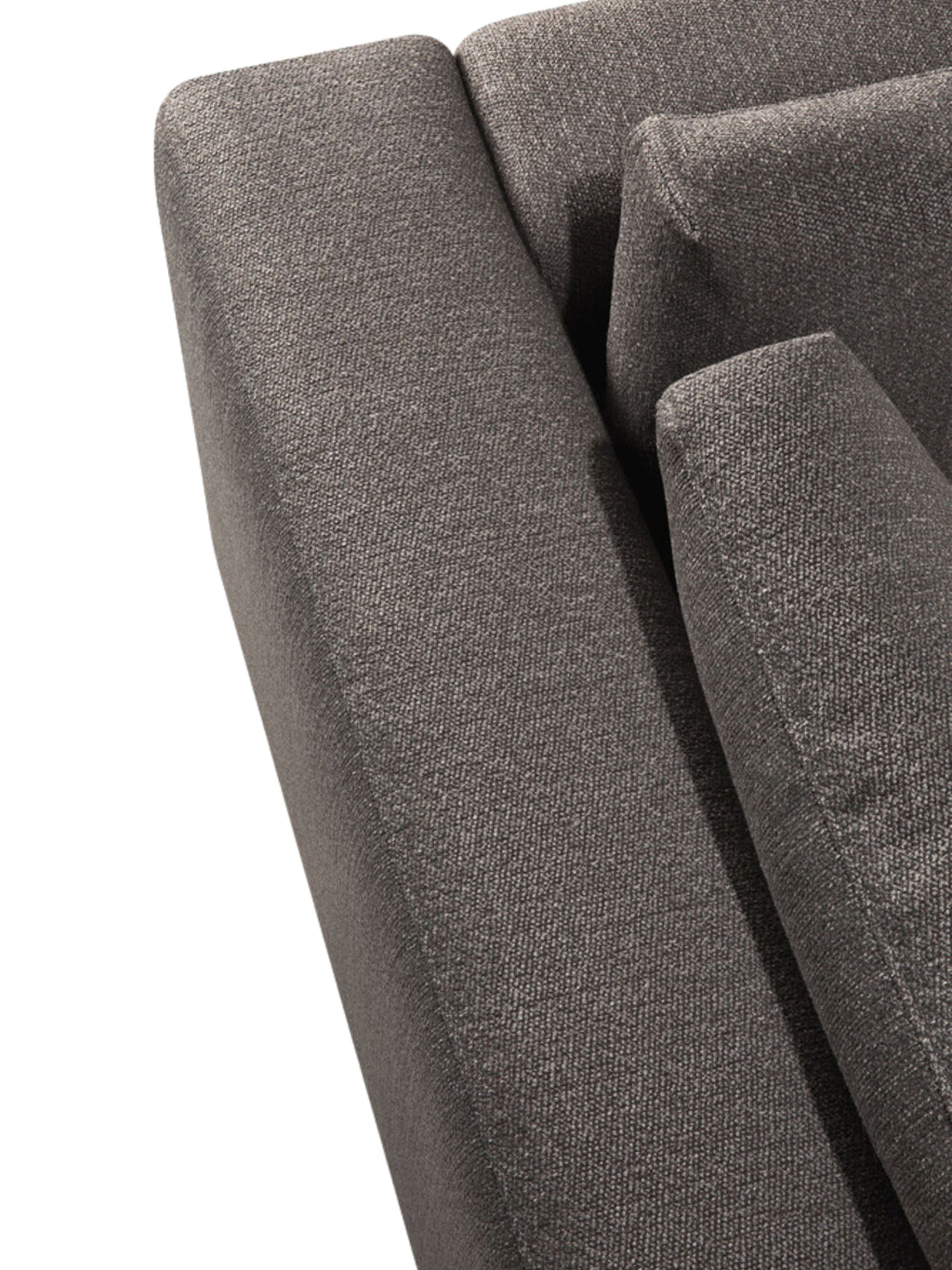 Ethnicraft Mellow Modular Sofa 90° Square Corner, angled detail shot of the back and side. The rich dark gray, textured fabric and sturdy construction highlight the sofa's contemporary and inviting aesthetic.