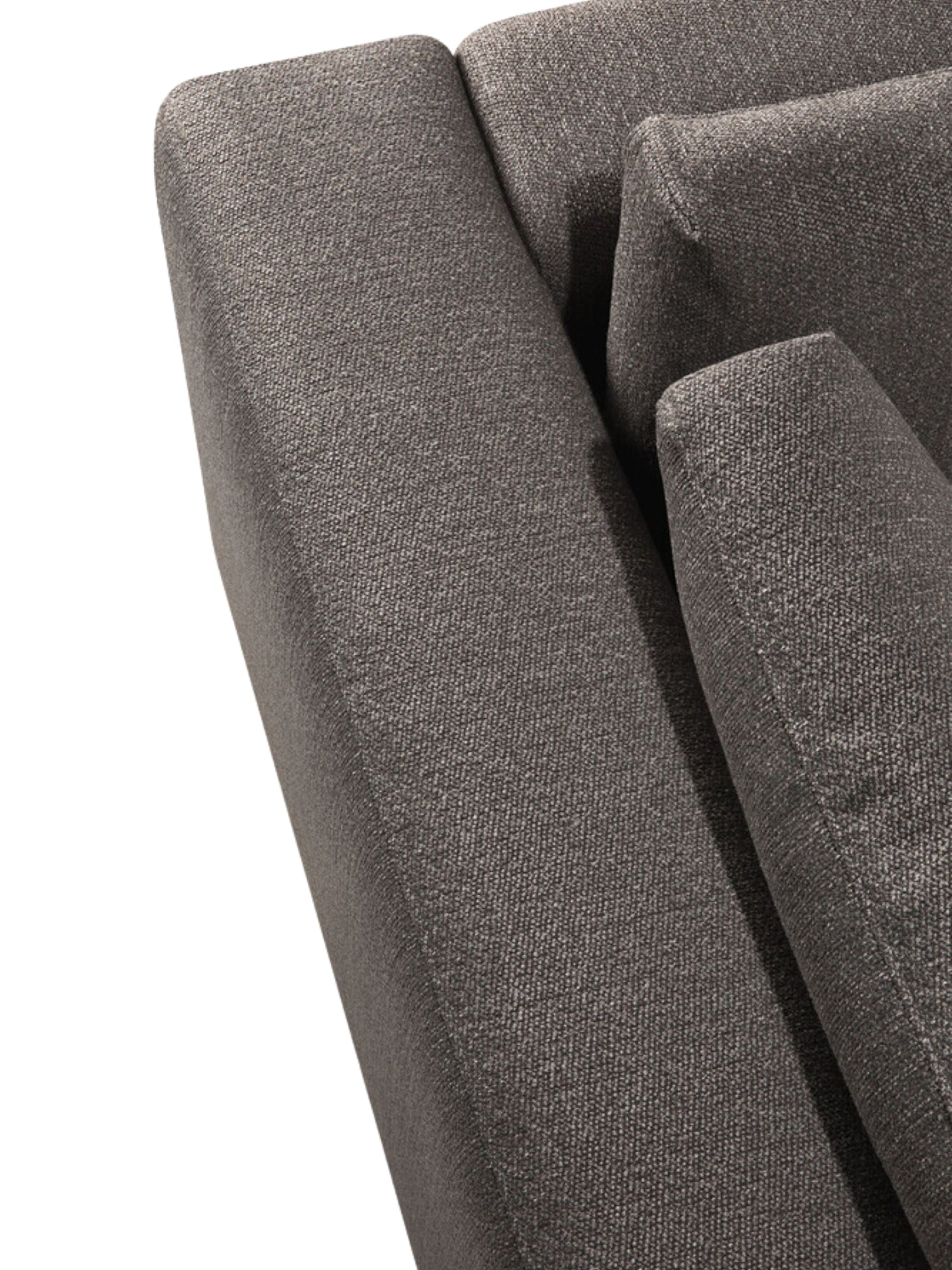 Ethnicraft Mellow Modular Sofa 90° Square Corner, angled detail shot of the back and side. The rich dark gray, textured fabric and sturdy construction highlight the sofa's contemporary and inviting aesthetic.