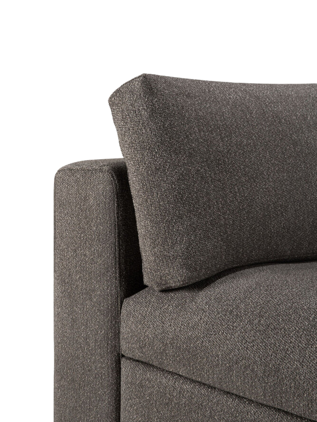 Ethnicraft Mellow Modular Sofa 90° Square Corner, close-up of the back cushion and armrest. The plush dark gray fabric and precise stitching showcase the premium craftsmanship and comfortable design.