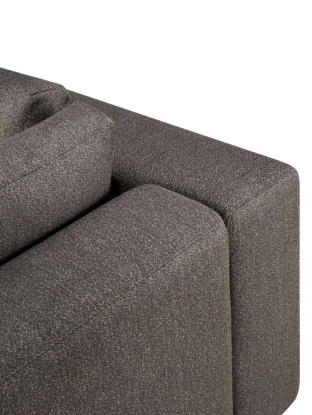 Ethnicraft Mellow Modular Sofa 90° Square Corner, detail view of the back and armrest. The sophisticated dark gray fabric and clean lines emphasize its modern, minimalist design, on a white background.