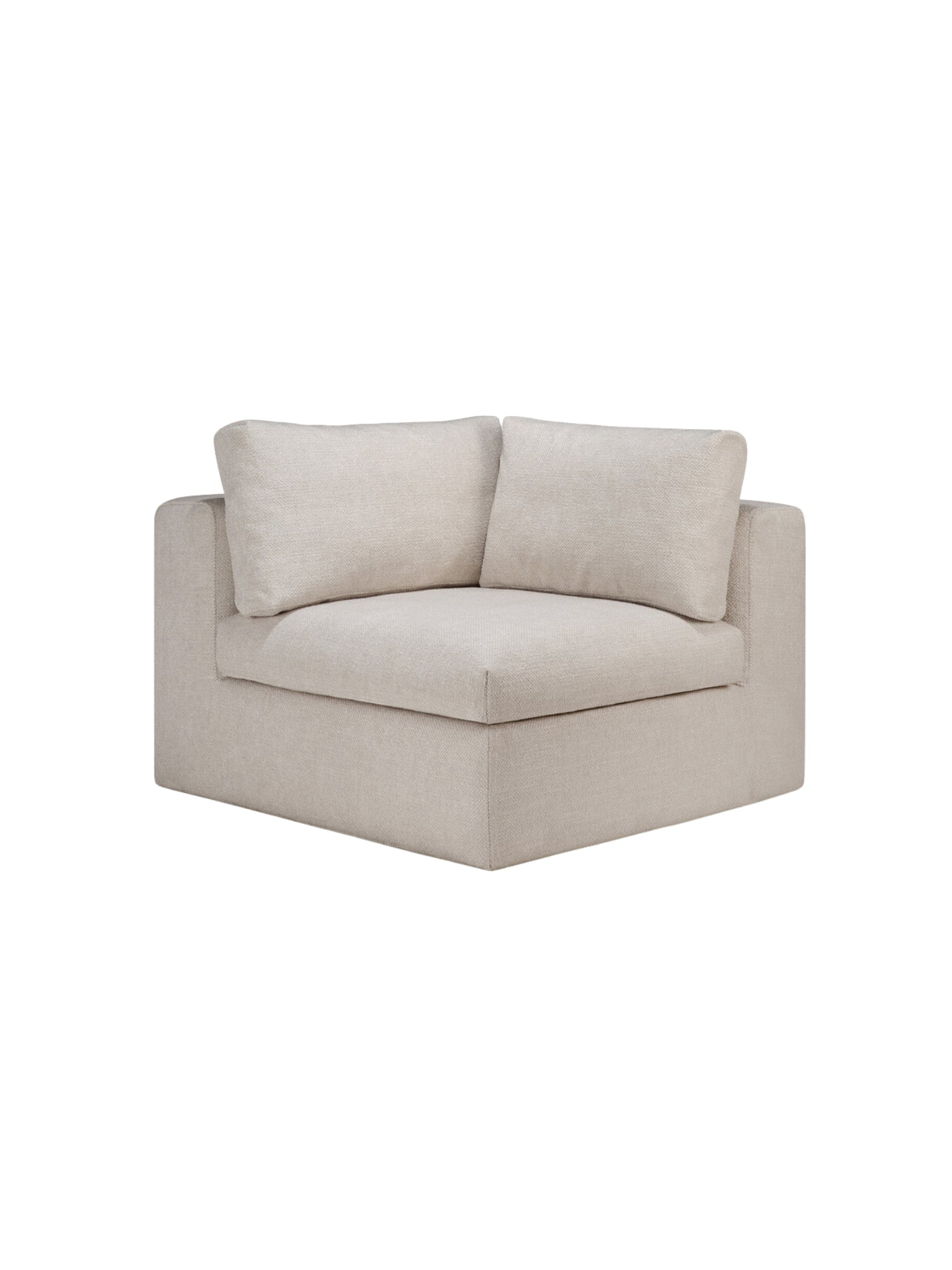 Ethnicraft Mellow Modular Sofa 90-degree square corner unit, upholstered in a premium light beige textured fabric with two matching back cushions, displayed on a white background.