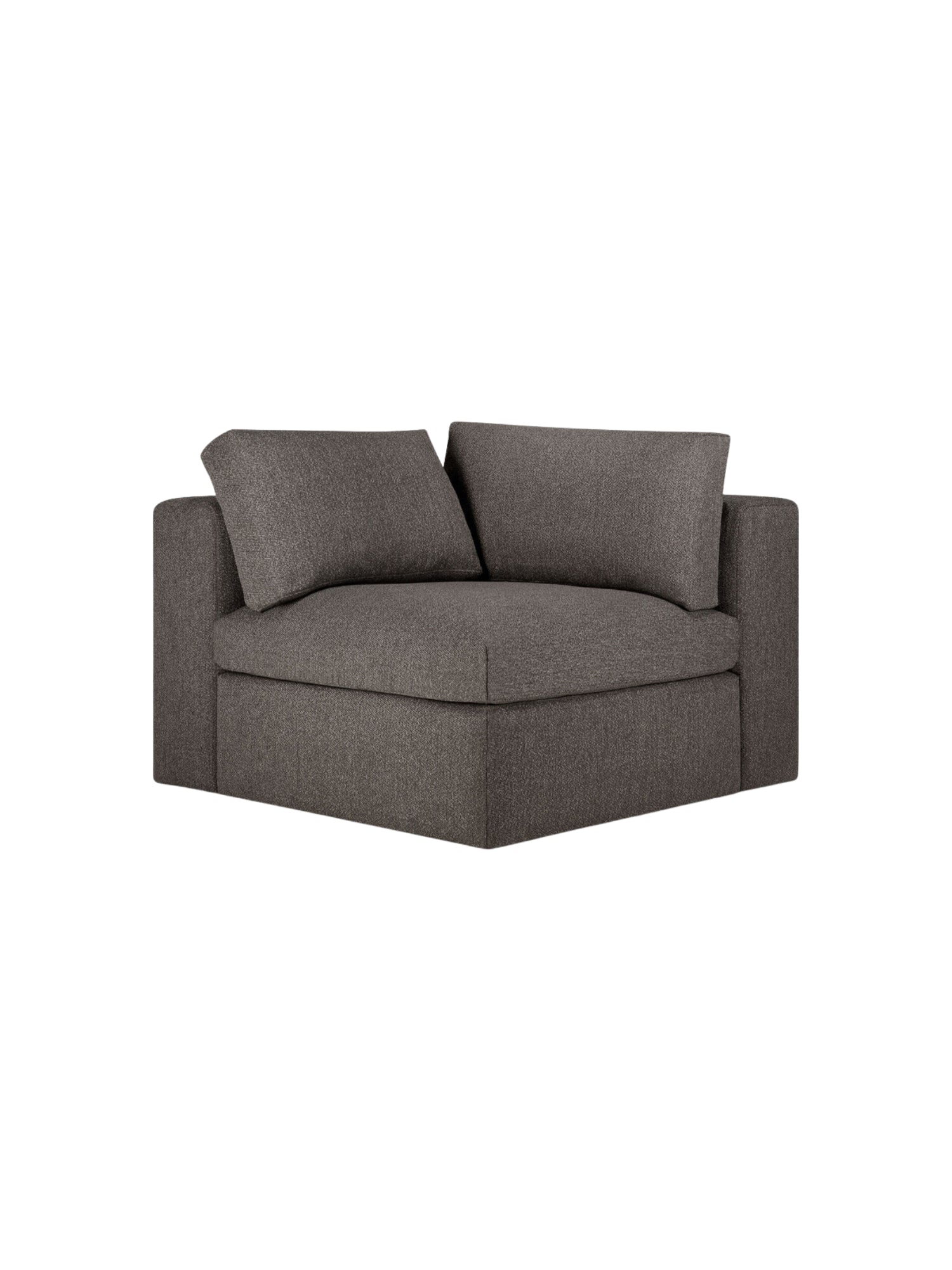 Ethnicraft Mellow Modular Sofa 90° Square Corner, front view. This elegant, modern corner piece features a dark gray, textured fabric, with two plush back cushions, displayed on a clean white background.