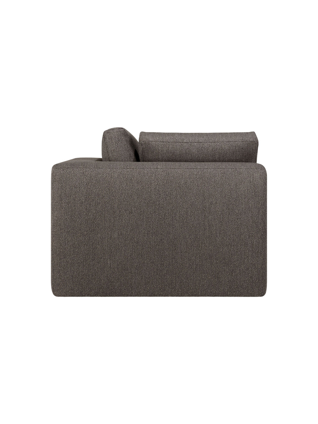 Ethnicraft Mellow Modular Sofa 90° Square Corner, side view. The clean, minimalist lines and rich dark gray textured fabric create a sophisticated and inviting aesthetic for any contemporary living space, on white.