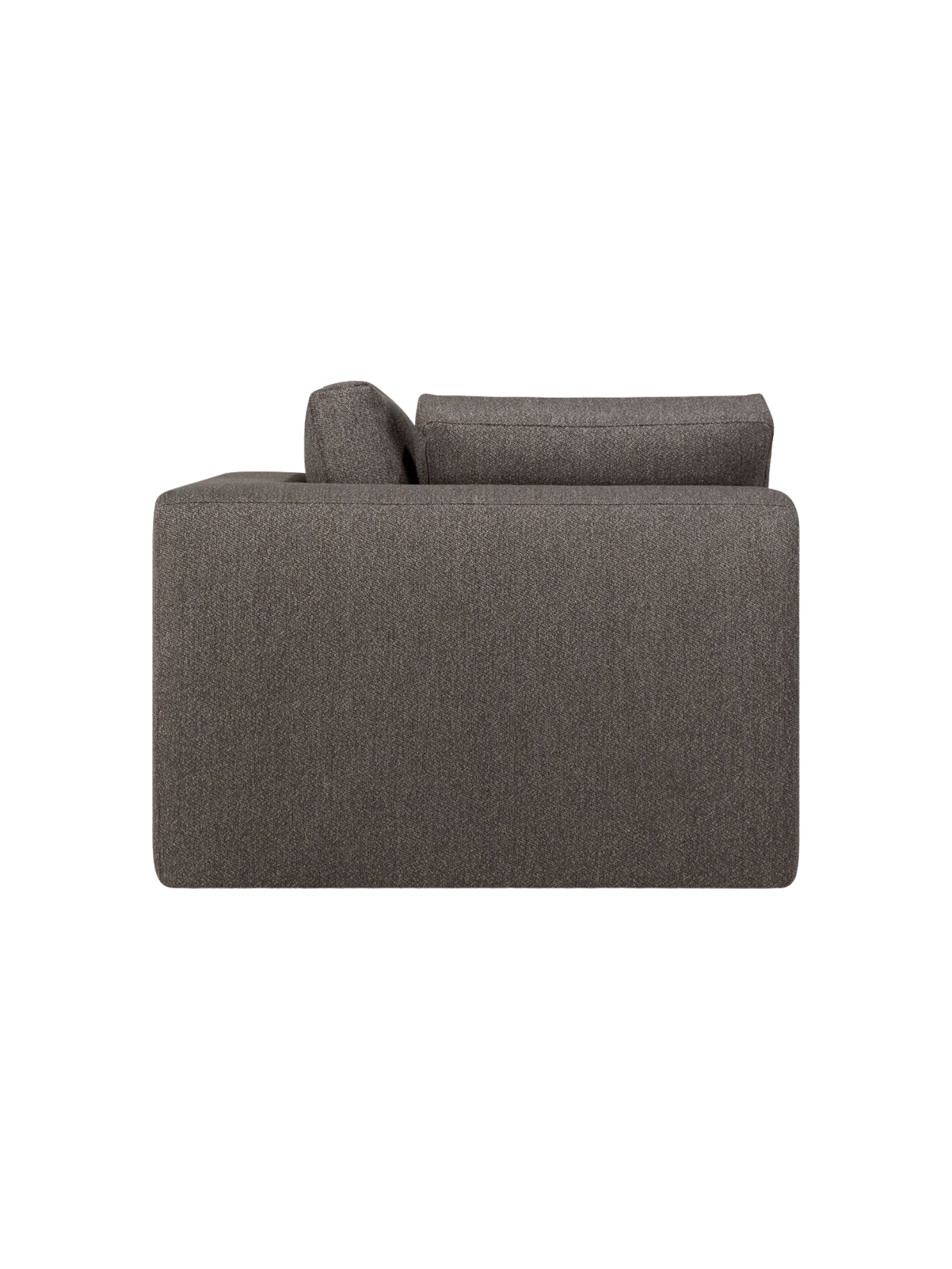 Ethnicraft Mellow Modular Sofa 90° Square Corner, side view. The clean, minimalist lines and rich dark gray textured fabric create a sophisticated and inviting aesthetic for any contemporary living space, on white.