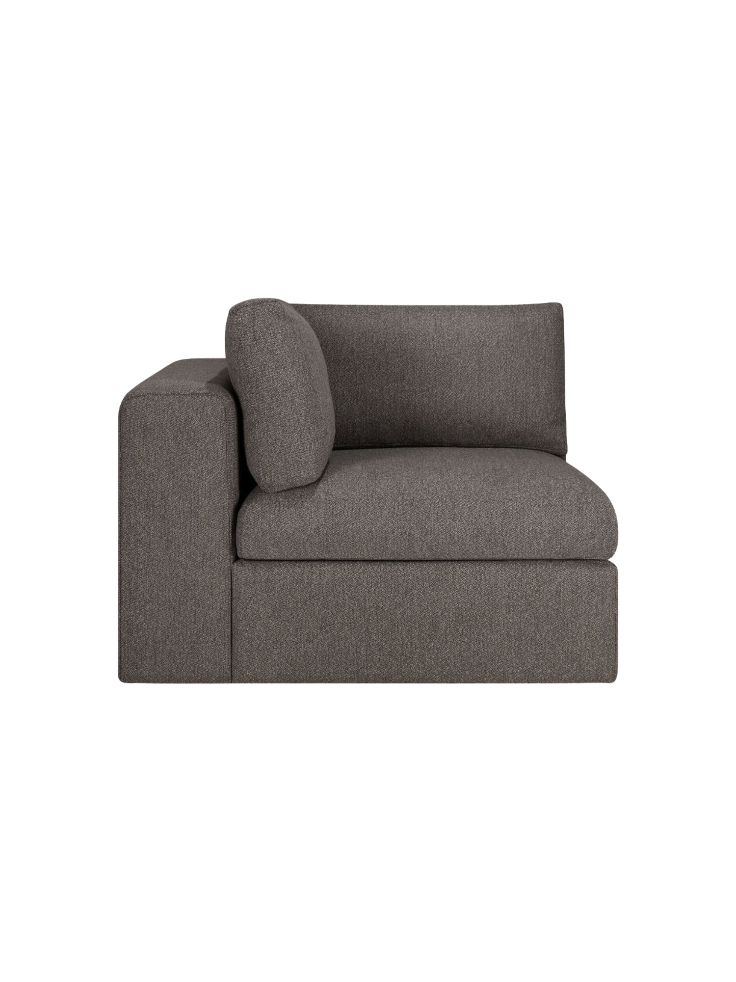 Ethnicraft Mellow Modular Sofa 90° Square Corner, side view. This elegant, modern corner piece features a plush back cushion and armrest in a dark gray textured fabric, offering versatile comfort, on white.