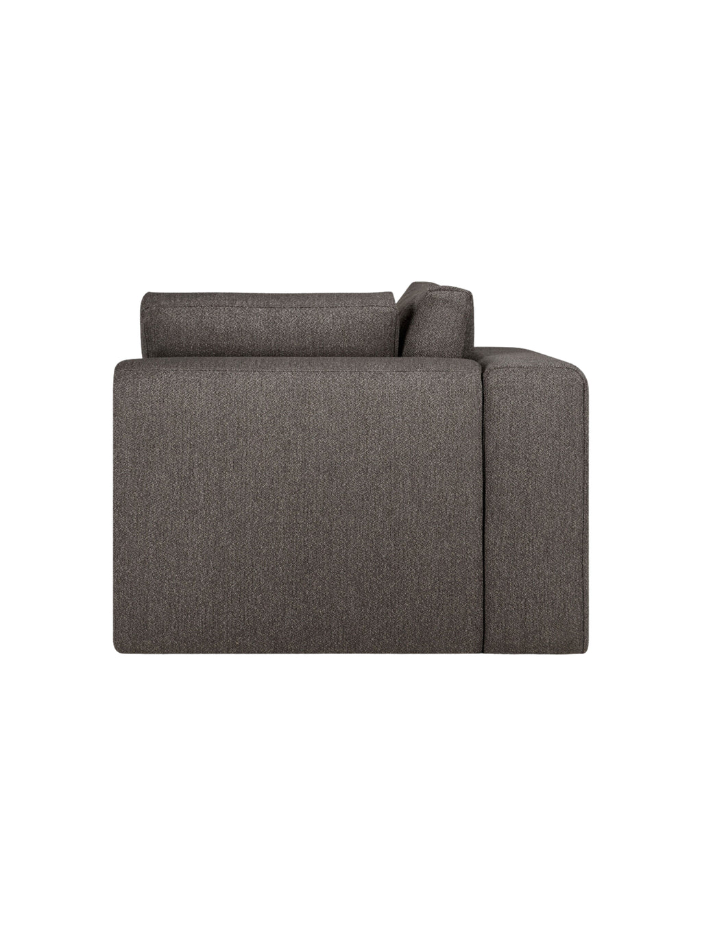 Ethnicraft Mellow Modular Sofa 90° Square Corner, side view. The sleek, low-profile design in a sophisticated dark gray textured fabric provides a contemporary and comfortable seating solution, on white.