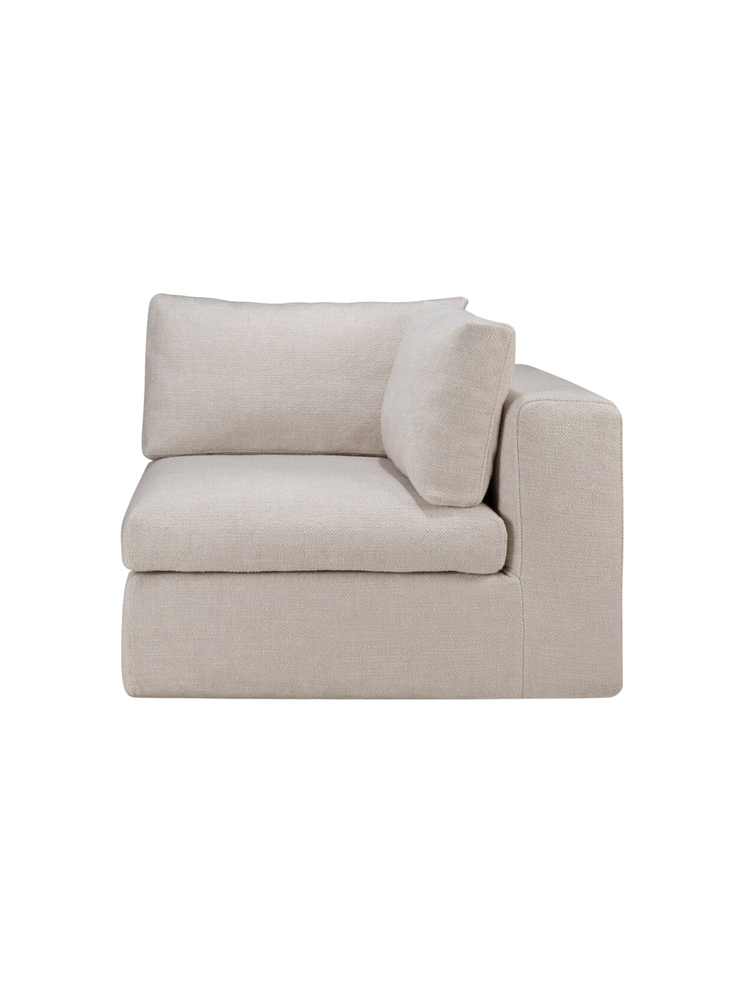 Ethnicraft Mellow Modular Sofa 90-degree square left-hand corner unit, highlighting its soft, textured beige upholstery and contemporary, comfortable silhouette, on a white background.