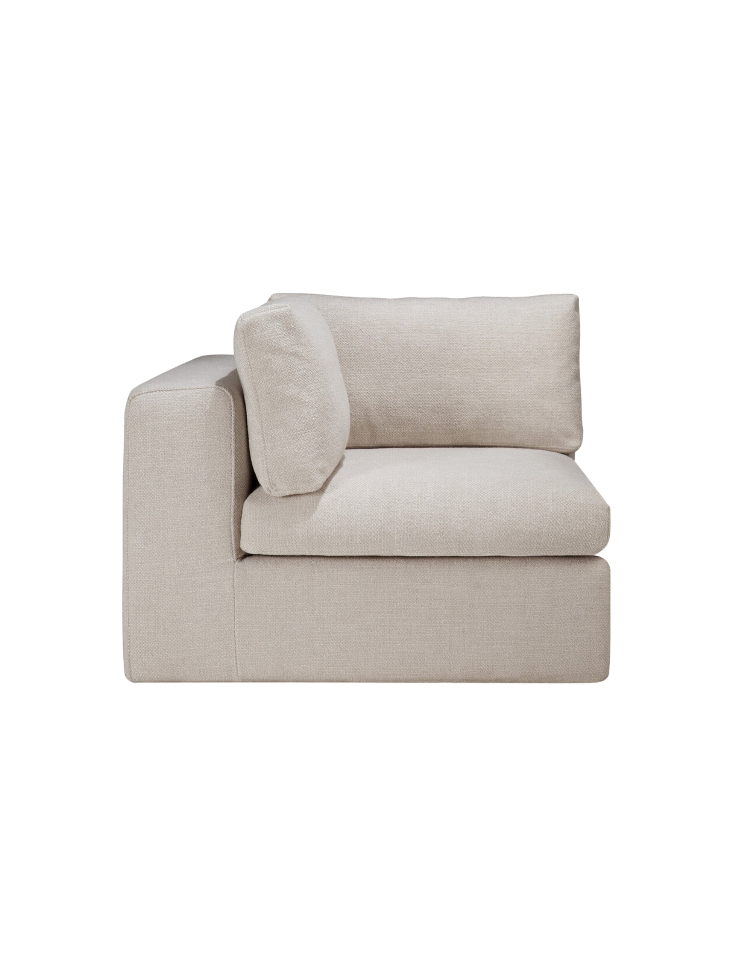 Ethnicraft Mellow Modular Sofa 90-degree square right-hand corner unit, featuring a plush, textured beige fabric and a modern, inviting design, displayed on a white background.