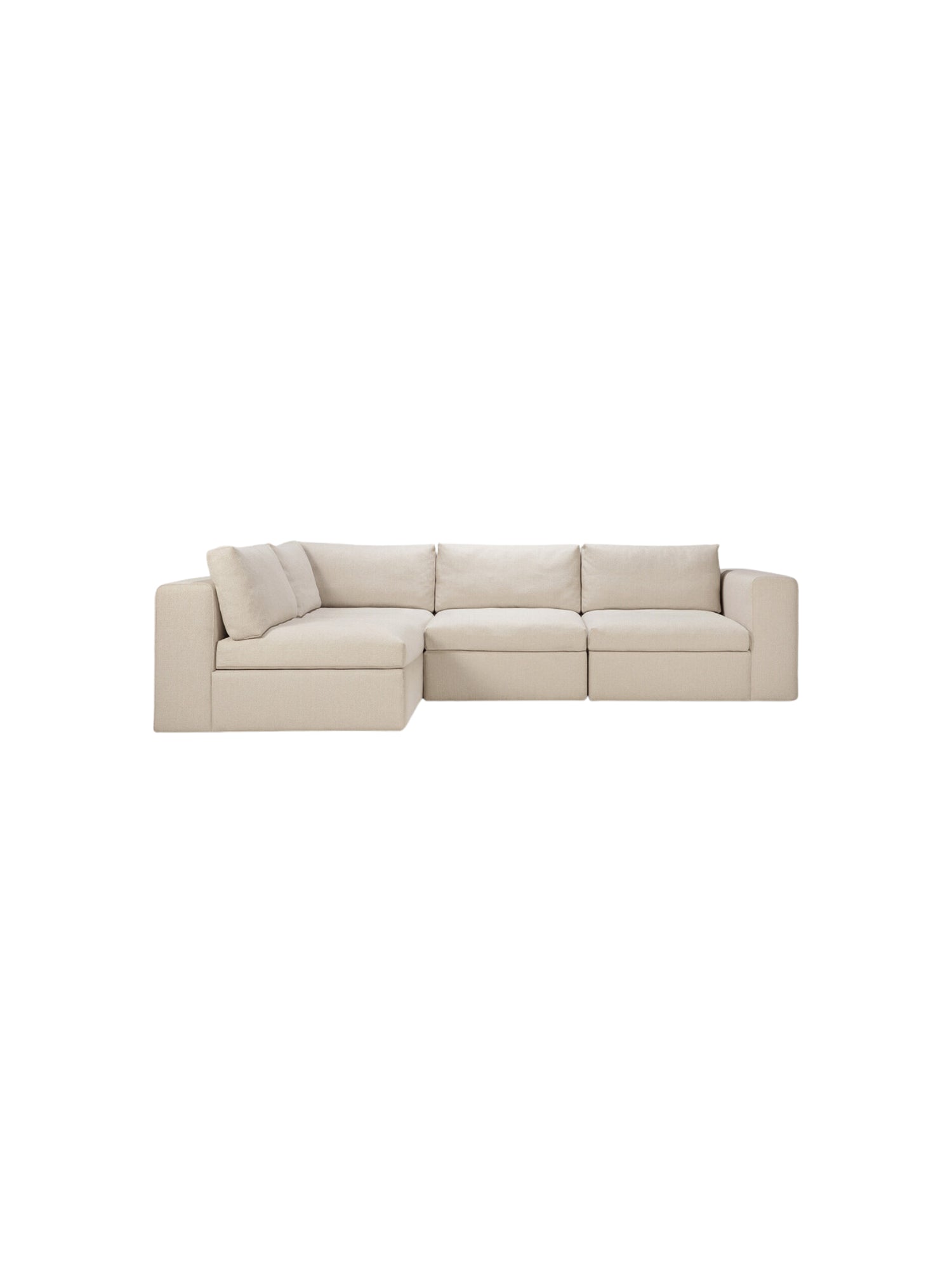 Ethnicraft Mellow Modular Sofa, a comprehensive view of the modular sectional, featuring a left-hand chaise lounge and multiple square modules in a sophisticated light beige fabric, on white background.