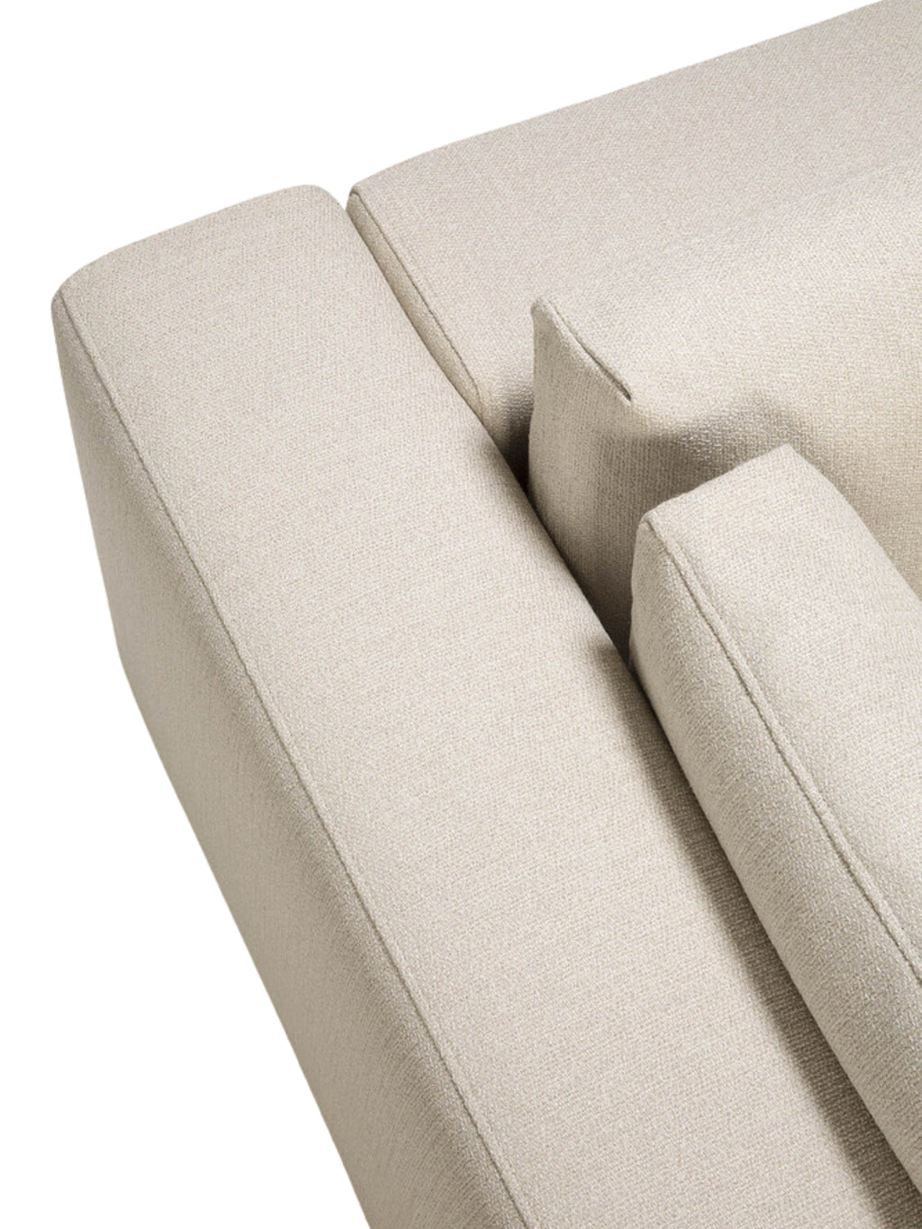Ethnicraft Mellow Modular Sofa, an overhead detail shot of the square corner module, revealing the premium light beige textured fabric and the seamless connection between its comfortable, deep cushions.