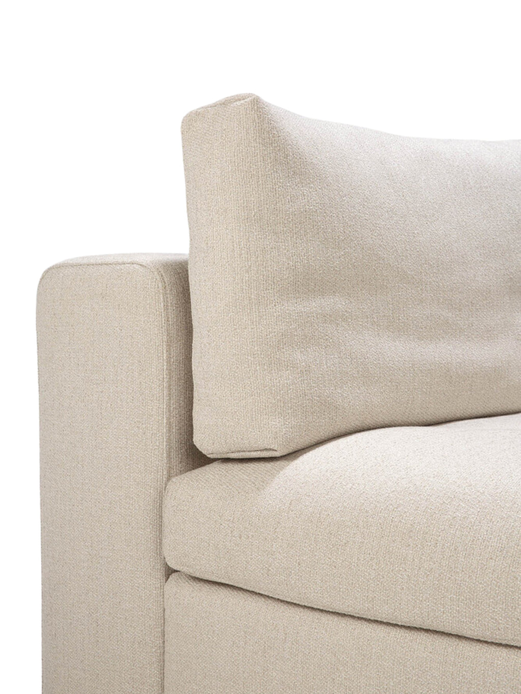 Ethnicraft Mellow Modular Sofa, a detailed view of the square corner module's elegant light beige upholstery, emphasizing the soft, inviting texture of the fabric and the clean lines of its design.