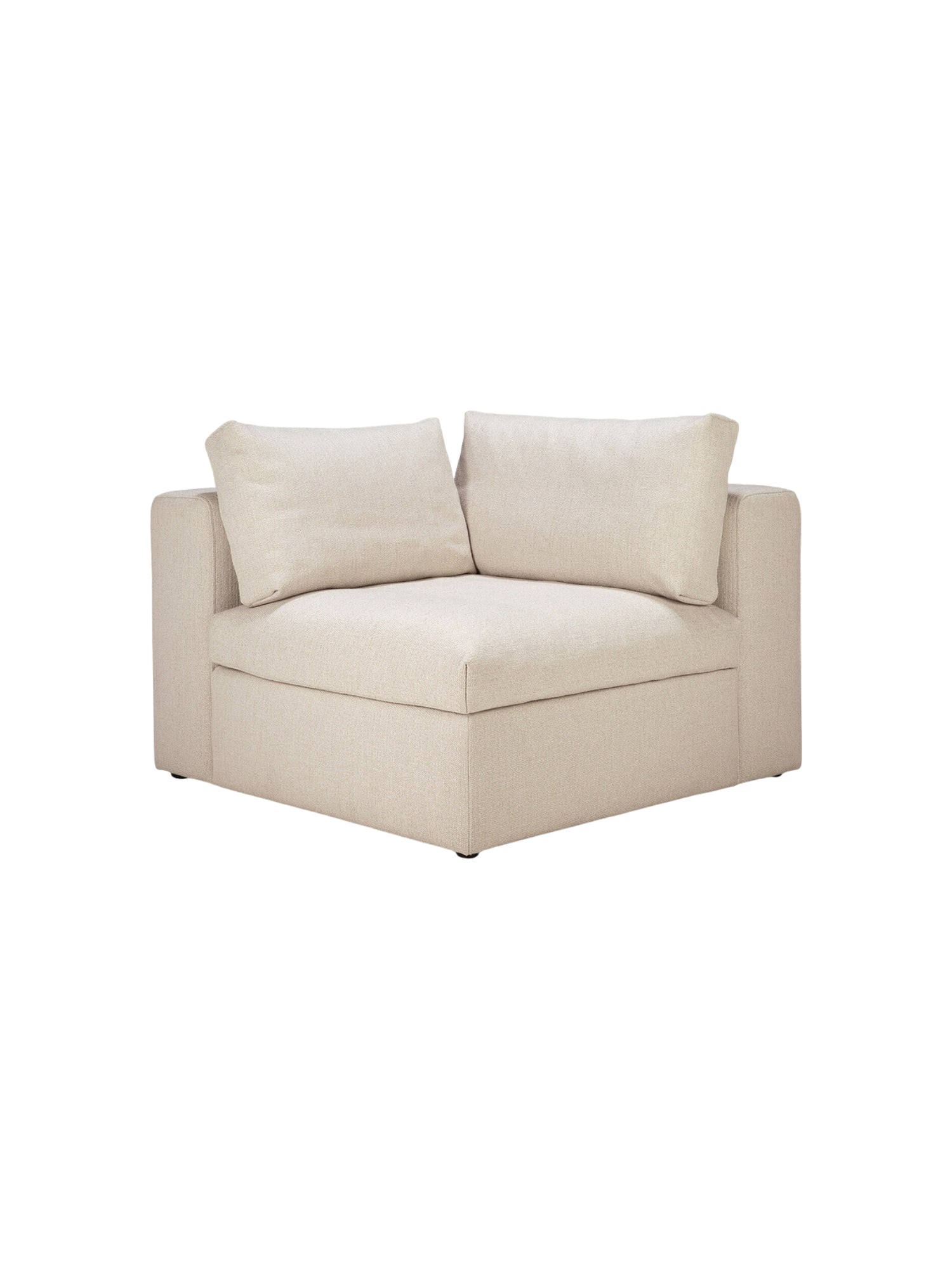 Ethnicraft Mellow Modular Sofa, a versatile square corner module in a soft, light beige woven fabric, showcasing its deep seating and two comfortable back cushions, presented on a white background.