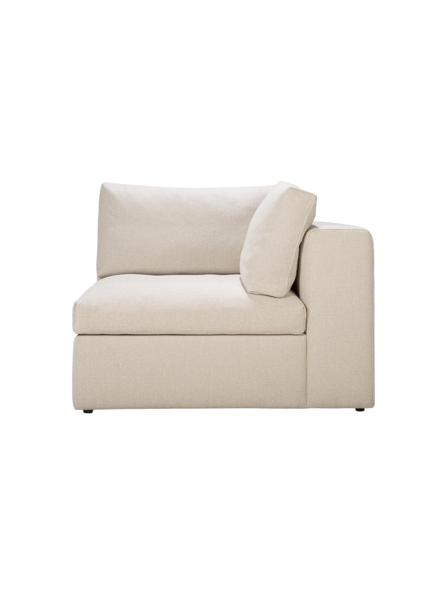 Ethnicraft Mellow Modular Sofa, a luxurious left-corner square module in a light beige, textured fabric, featuring plush cushions and a modern, minimalist design, displayed on a clean white background.