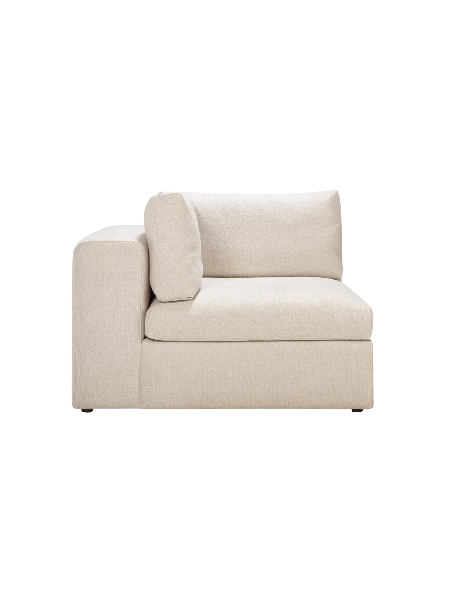 Ethnicraft Mellow Modular Sofa, a luxurious right-corner square module in a light beige, textured fabric, featuring plush cushions and a modern, minimalist design, displayed on a clean white background.