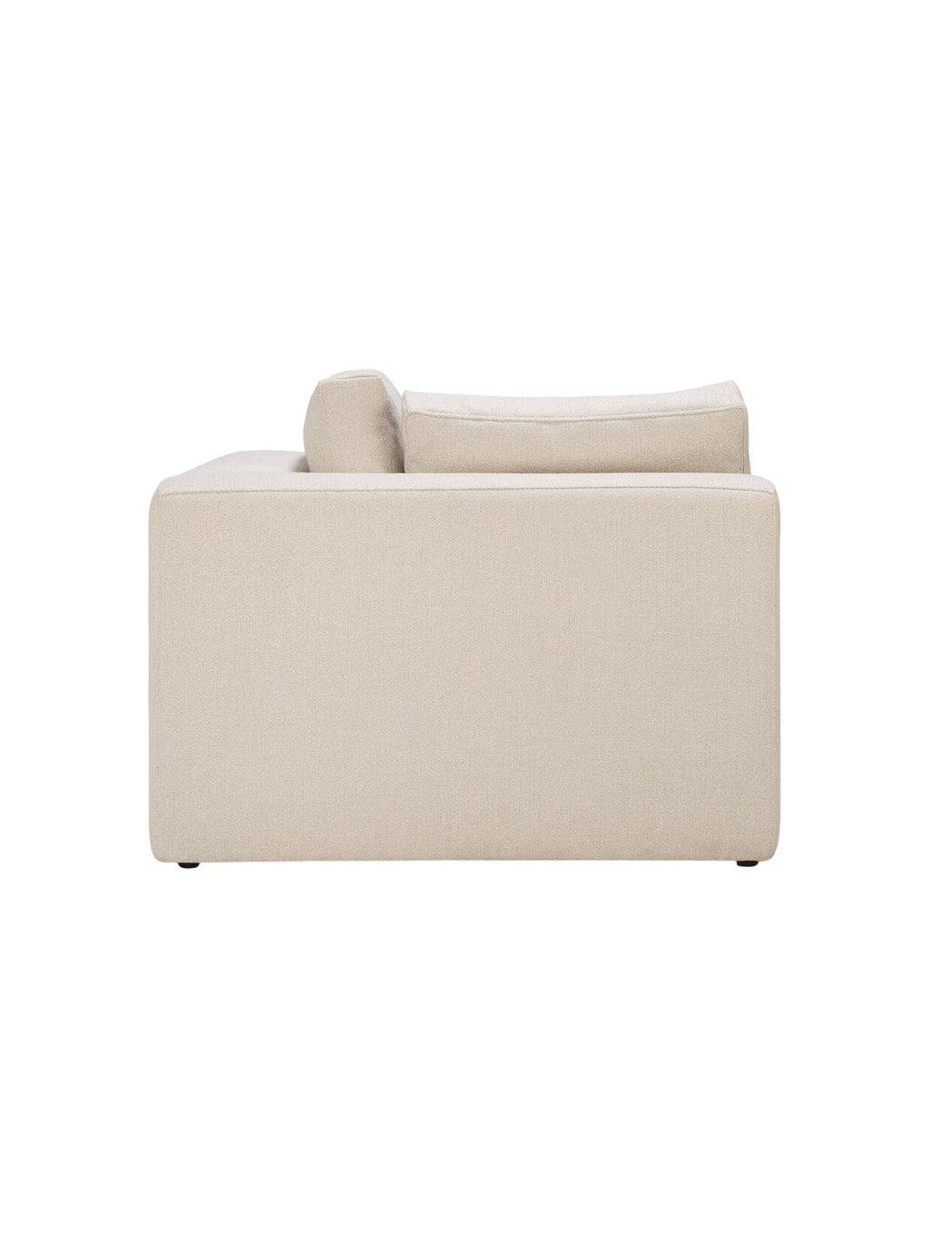 Ethnicraft Mellow Modular Sofa, a full side view of the square corner module, emphasizing its generous depth and the premium light beige woven fabric, designed for ultimate comfort and modern living.