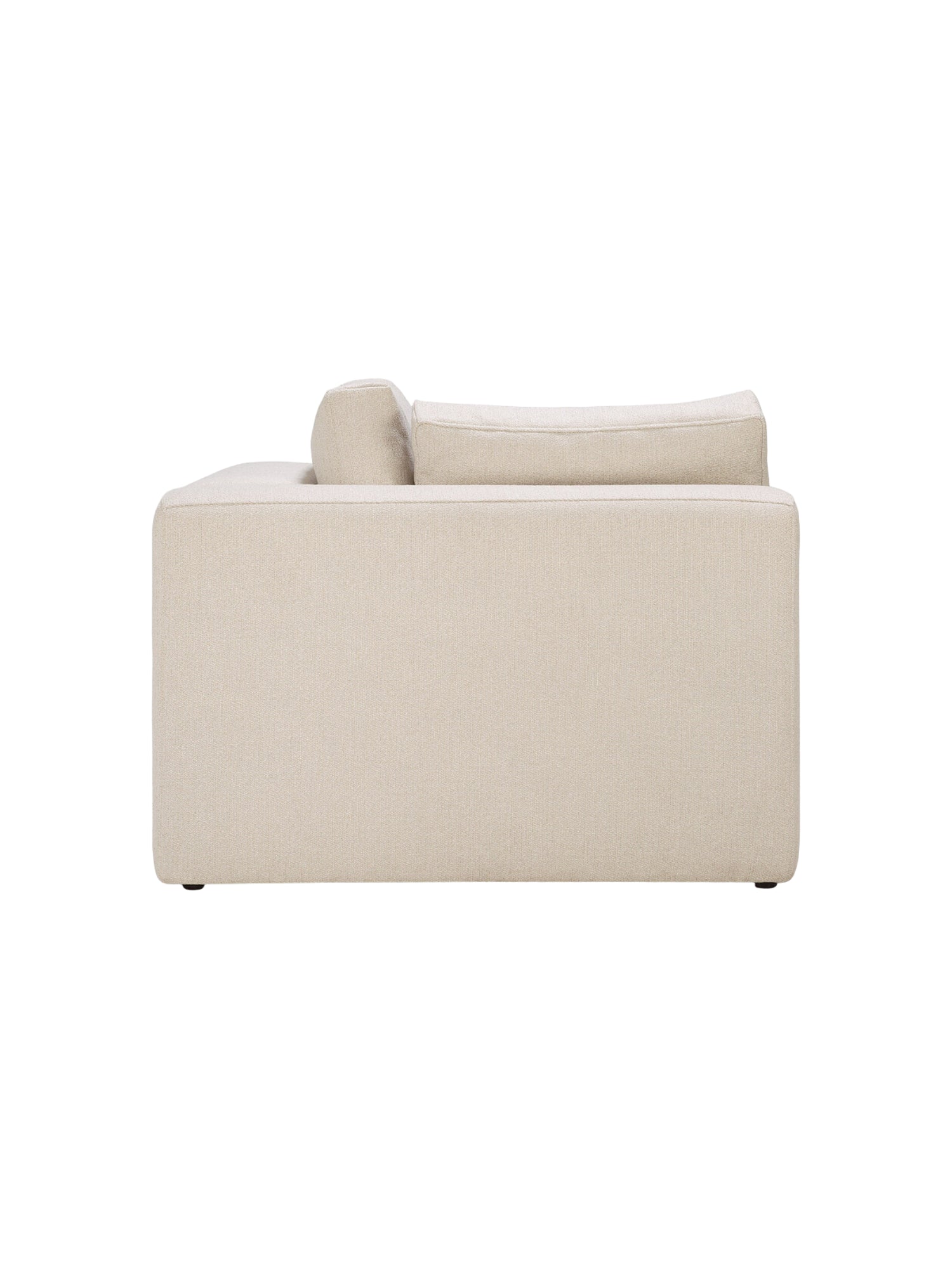 Ethnicraft Mellow Modular Sofa, a full side view of the square corner module, emphasizing its generous depth and the premium light beige woven fabric, designed for ultimate comfort and modern living.
