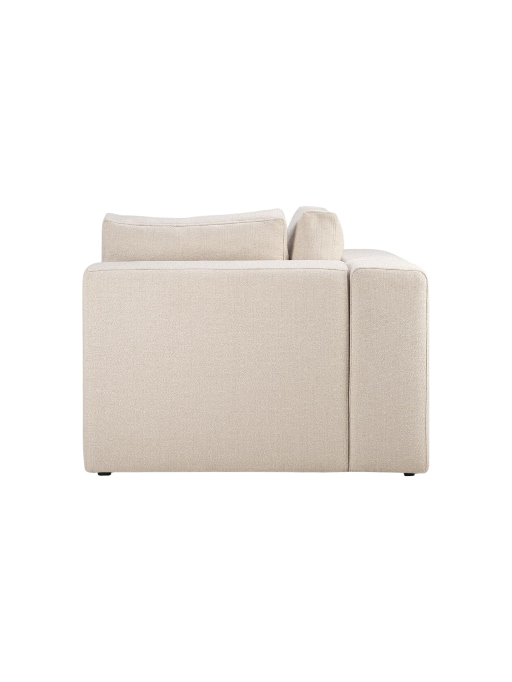 Ethnicraft Mellow Modular Sofa, a side profile of the square corner module, highlighting its low-profile design and the rich, light beige textured fabric, offering a contemporary and comfortable aesthetic.