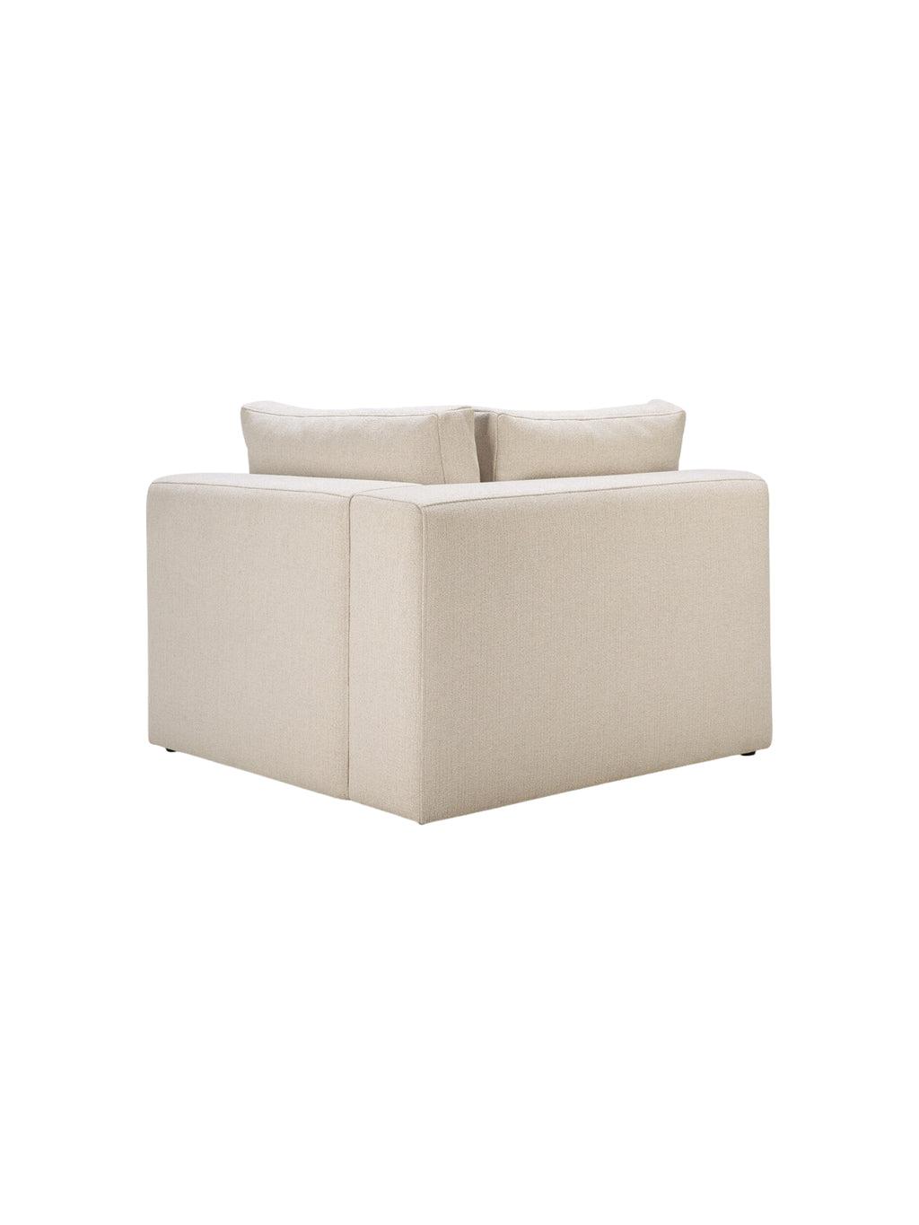 Ethnicraft Mellow Modular Sofa, a rear view of the square corner module, showcasing its sturdy construction and the consistent, elegant light beige textured fabric that wraps around its modern frame.