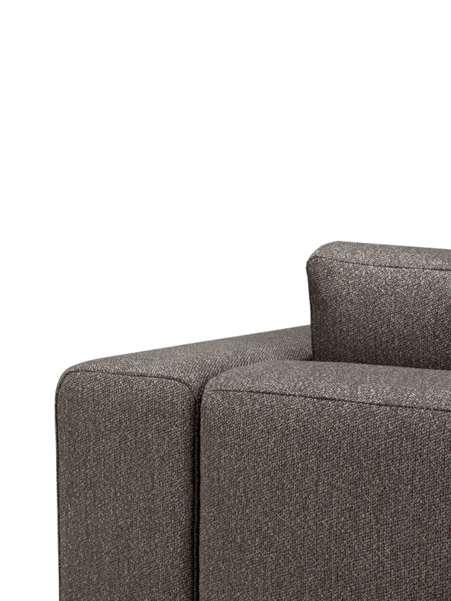 Ethnicraft Mellow Modular Sofa end-seater with L-arm, a detailed view of the corner. The dark gray, textured fabric is expertly tailored, showcasing the precise stitching and robust construction of this elegant, contemporary sofa.