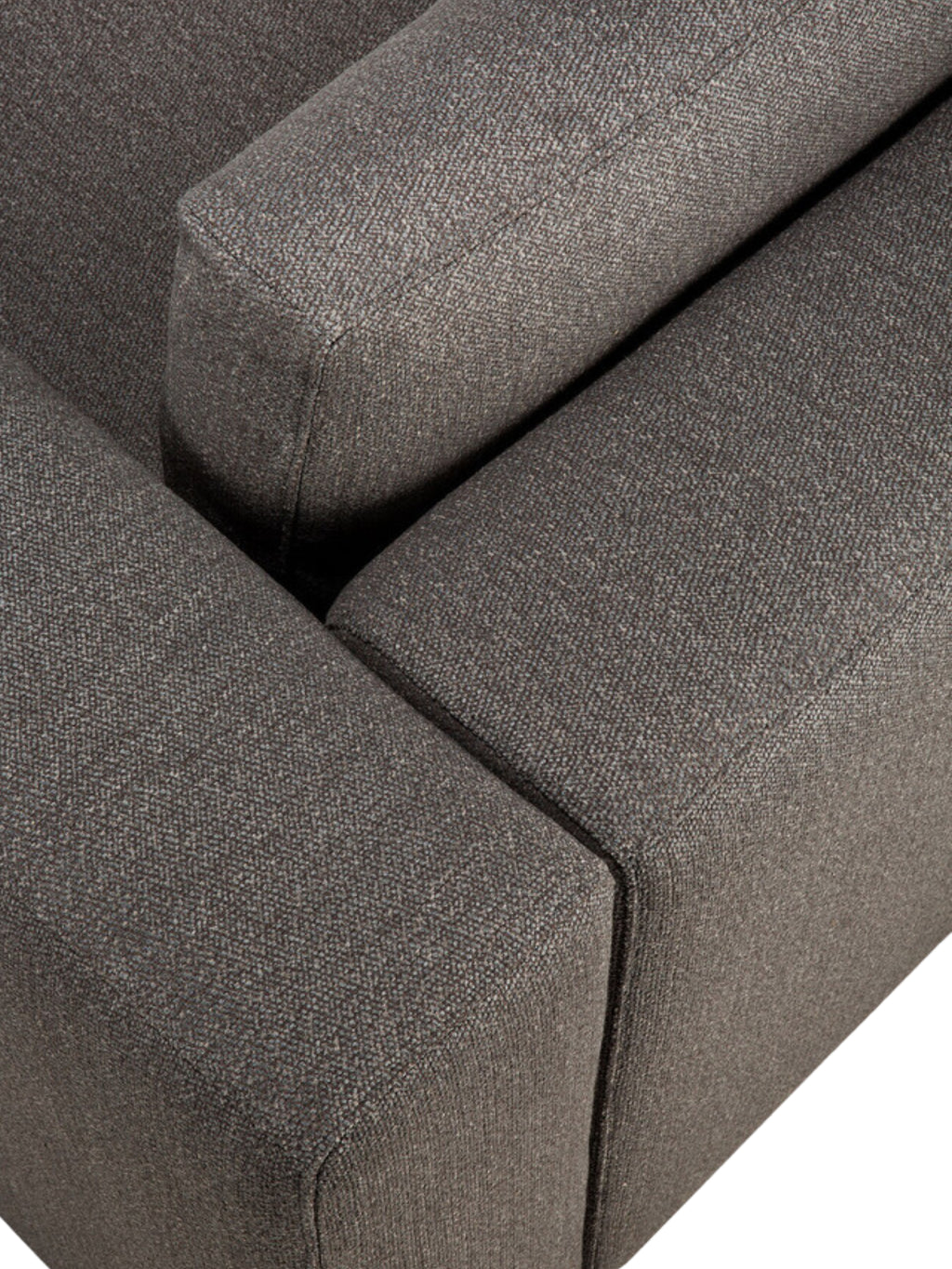 Ethnicraft Mellow Modular Sofa end-seater with L-arm, showing the seamless connection between cushions. The dark gray, durable fabric covers the plush, structured components, highlighting the modularity and refined craftsmanship of this premium furniture piece.