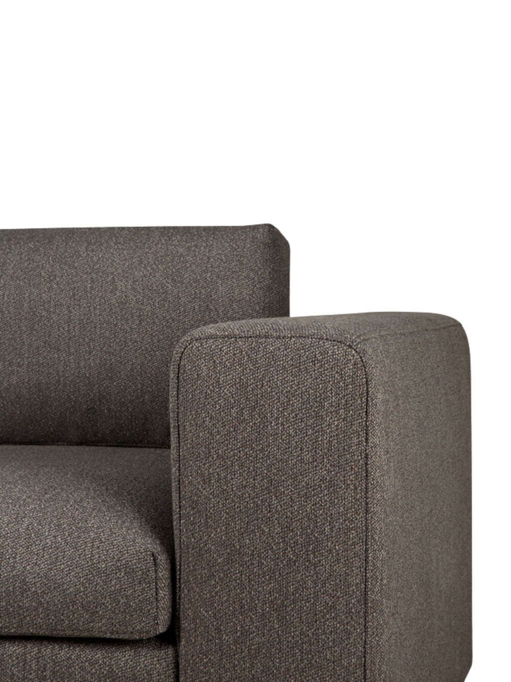 Ethnicraft Mellow Modular Sofa end-seater with L-arm, close-up detail of the armrest. The dark gray, finely textured fabric wraps smoothly around the contemporary, rounded edges, emphasizing the sofa's modern and comfortable design.