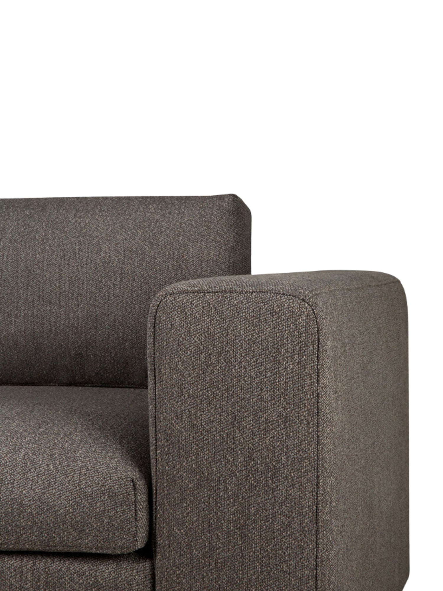 Ethnicraft Mellow Modular Sofa end-seater with L-arm, close-up detail of the armrest. The dark gray, finely textured fabric wraps smoothly around the contemporary, rounded edges, emphasizing the sofa's modern and comfortable design.