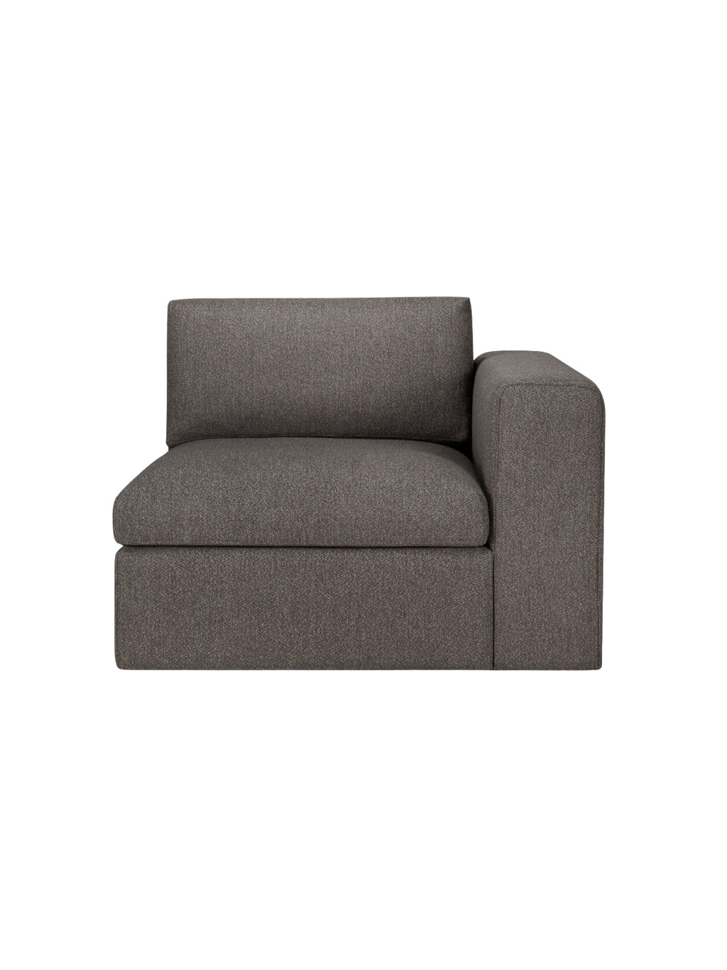 Ethnicraft Mellow Modular Sofa end-seater with L-arm, front view. This elegant dark gray fabric sofa features a deep seat and a supportive L-shaped armrest, showcasing its contemporary design and plush comfort, displayed on a white background.