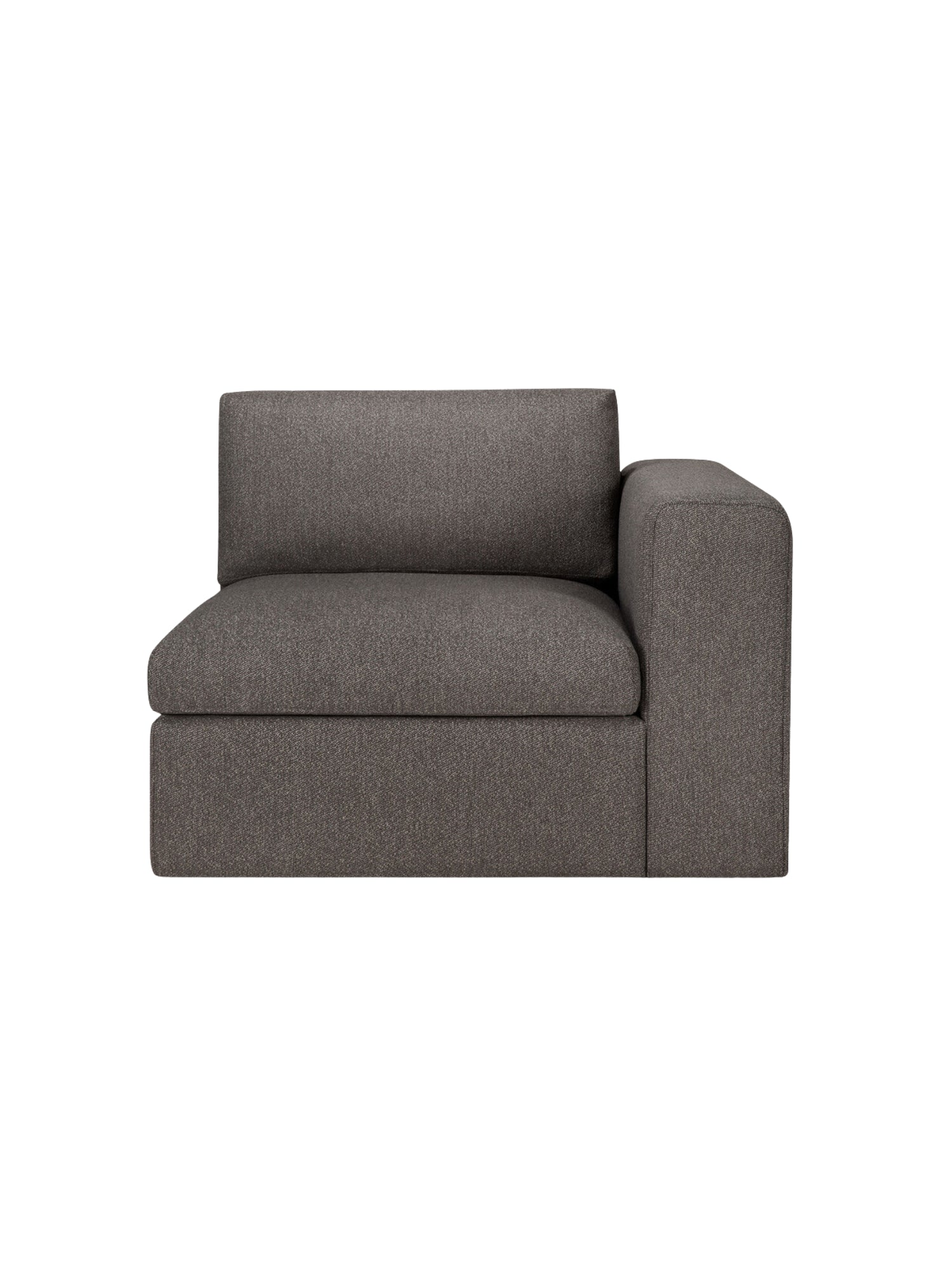 Ethnicraft Mellow Modular Sofa end-seater with L-arm, front view. This elegant dark gray fabric sofa features a deep seat and a supportive L-shaped armrest, showcasing its contemporary design and plush comfort, displayed on a white background.