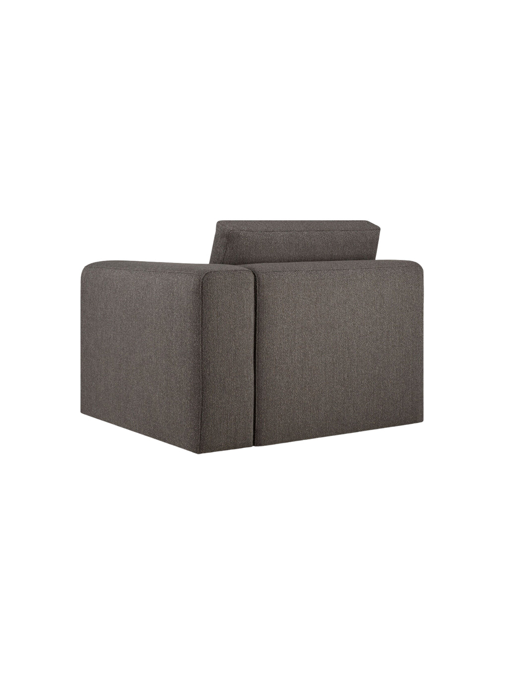 Ethnicraft Mellow Modular Sofa end-seater with L-arm, back view. The dark gray, textured fabric covers the entire piece, showcasing its sturdy construction and minimalist design, perfect for a contemporary living space, displayed on a white background.