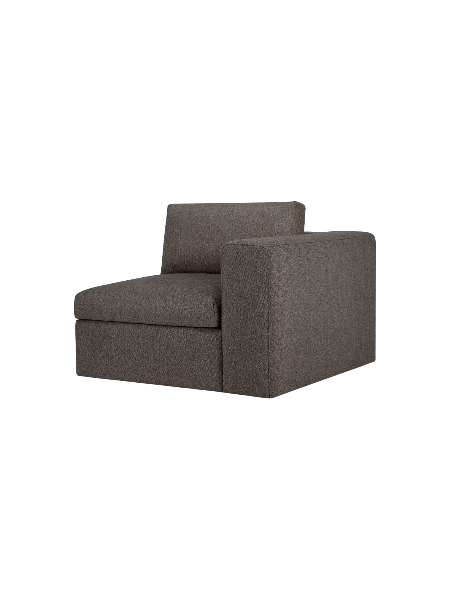 Ethnicraft Mellow Modular Sofa end-seater with L-arm, side view. This sophisticated dark gray fabric sofa features a low-profile design and a comfortable L-shaped armrest, exuding modern elegance, displayed on a clean white background.