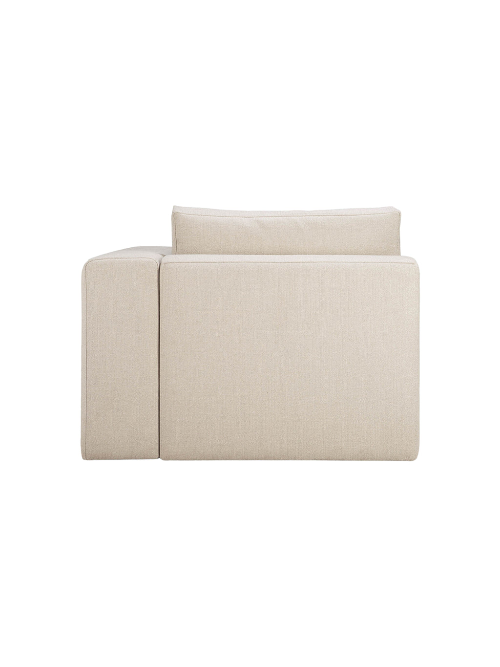 Ethnicraft Mellow Modular Sofa, an end seater with a right arm, viewed from the back, highlighting its clean lines and seamless cream-colored, textured fabric upholstery on a white background.
