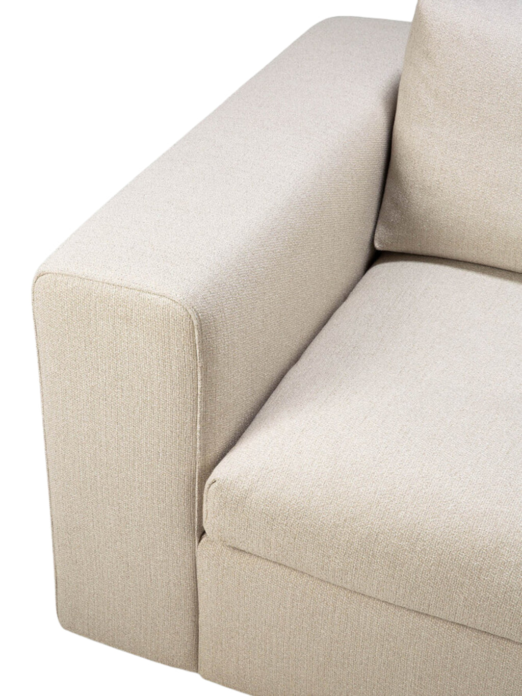 Ethnicraft Mellow Modular Sofa end seater with right arm, close-up detail showing the soft, light beige textured fabric and the precise stitching of the modern, comfortable design.