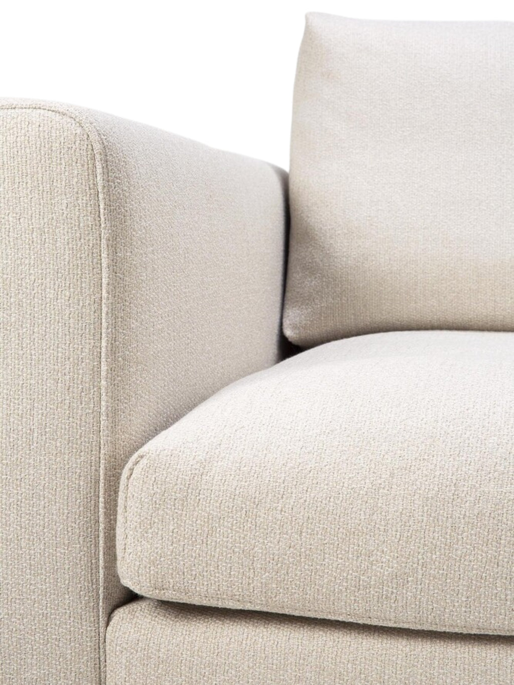 Ethnicraft Mellow Modular Sofa, an end seater with a right arm, showcasing its luxurious cream-colored, textured fabric upholstery and plush cushions, displayed on a clean white background.