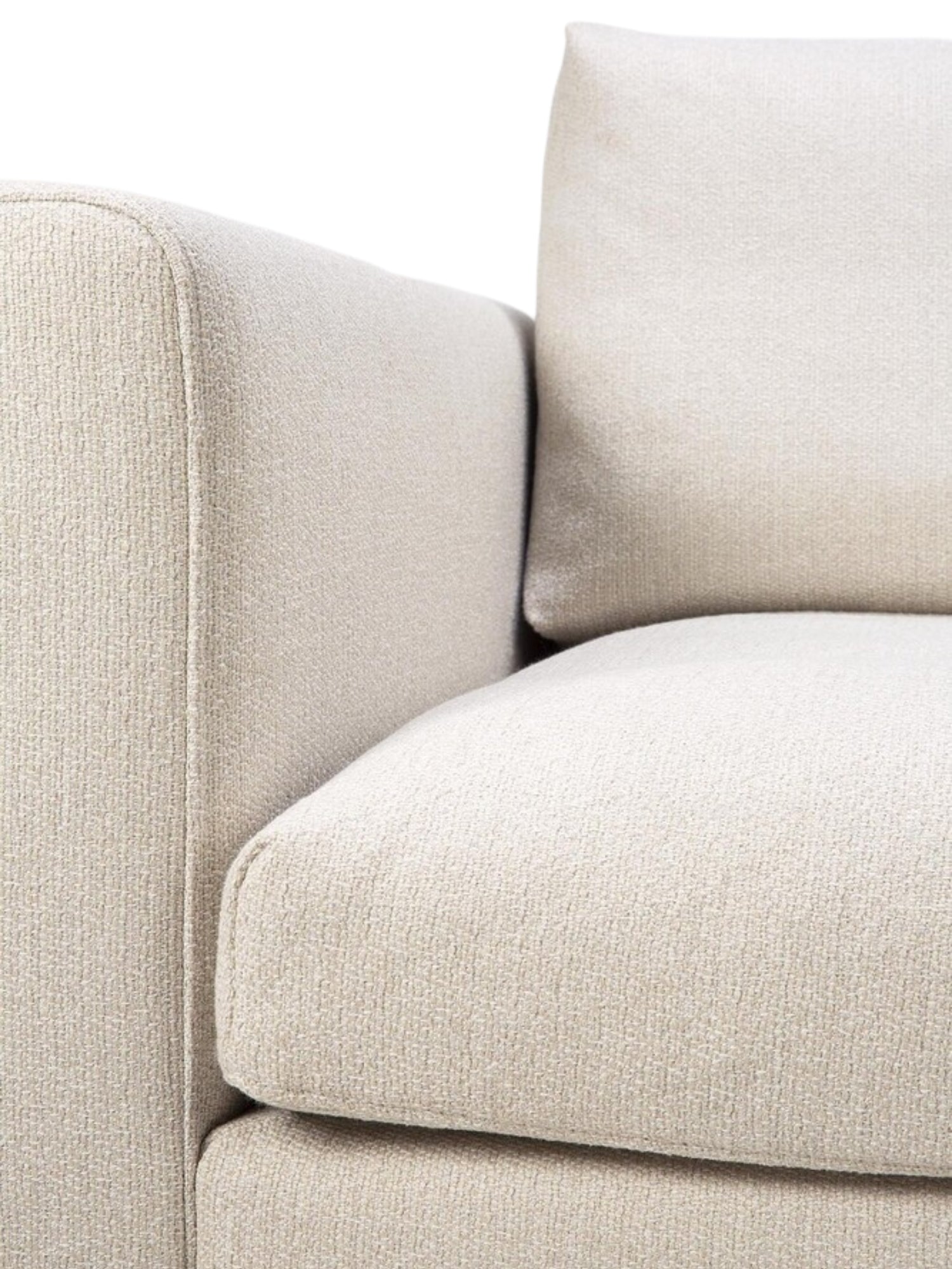Ethnicraft Mellow Modular Sofa, an end seater with a right arm, showcasing its luxurious cream-colored, textured fabric upholstery and plush cushions, displayed on a clean white background.