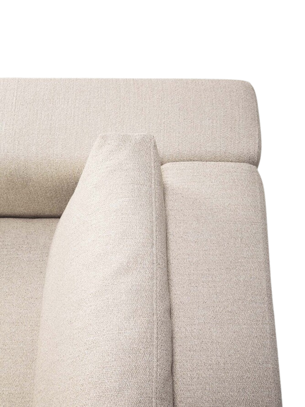 Ethnicraft Mellow Modular Sofa, close-up detail of the back cushions and armrest, highlighting the soft, light beige textured fabric and the plush, comfortable feel of the modern design.