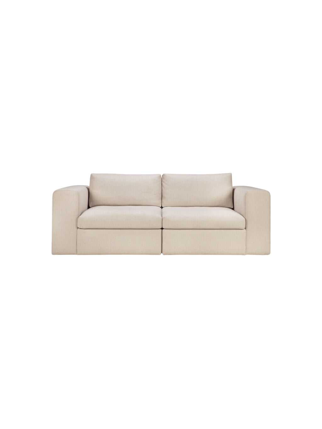 Ethnicraft Mellow Modular Sofa, a full view of the two-seater configuration, upholstered in a premium light beige textured fabric, showcasing its minimalist and inviting design on white background.
