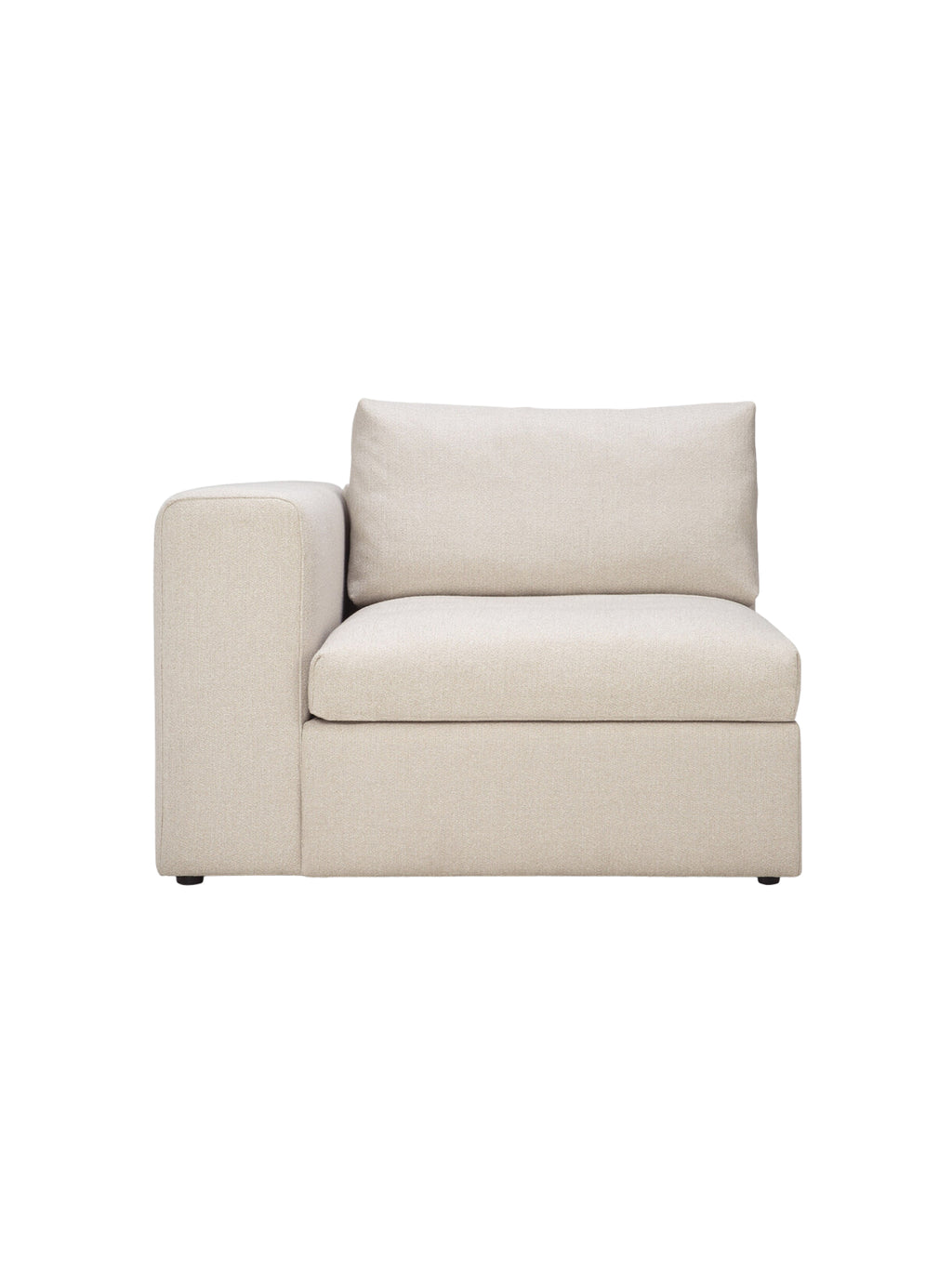 Ethnicraft Mellow Modular Sofa end seater with right arm, upholstered in a light beige, textured fabric, featuring clean lines and a plush, comfortable design, displayed on white background.