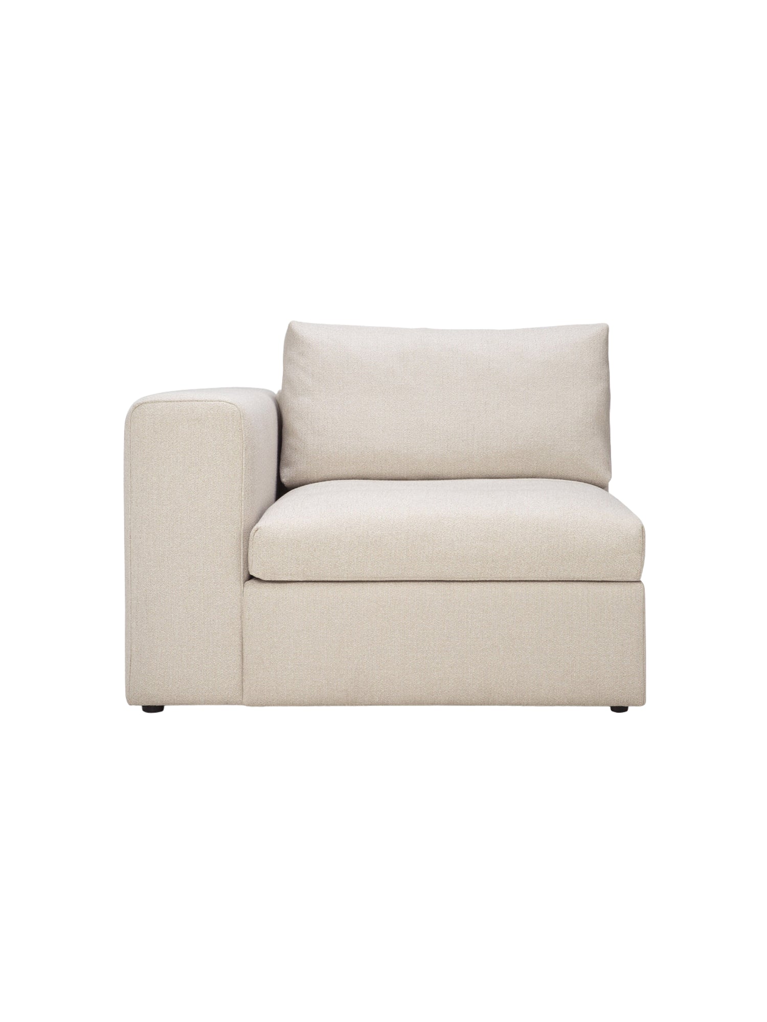 Ethnicraft Mellow Modular Sofa end seater with right arm, upholstered in a light beige, textured fabric, featuring clean lines and a plush, comfortable design, displayed on white background.