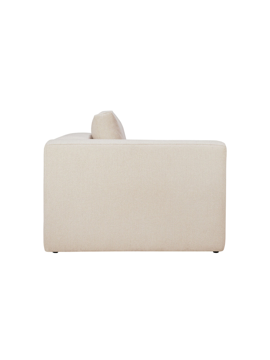 Ethnicraft Mellow Modular Sofa, an end seater with a right arm, shown from the side, emphasizing its low-profile design and elegant cream-colored, textured fabric on a white background.