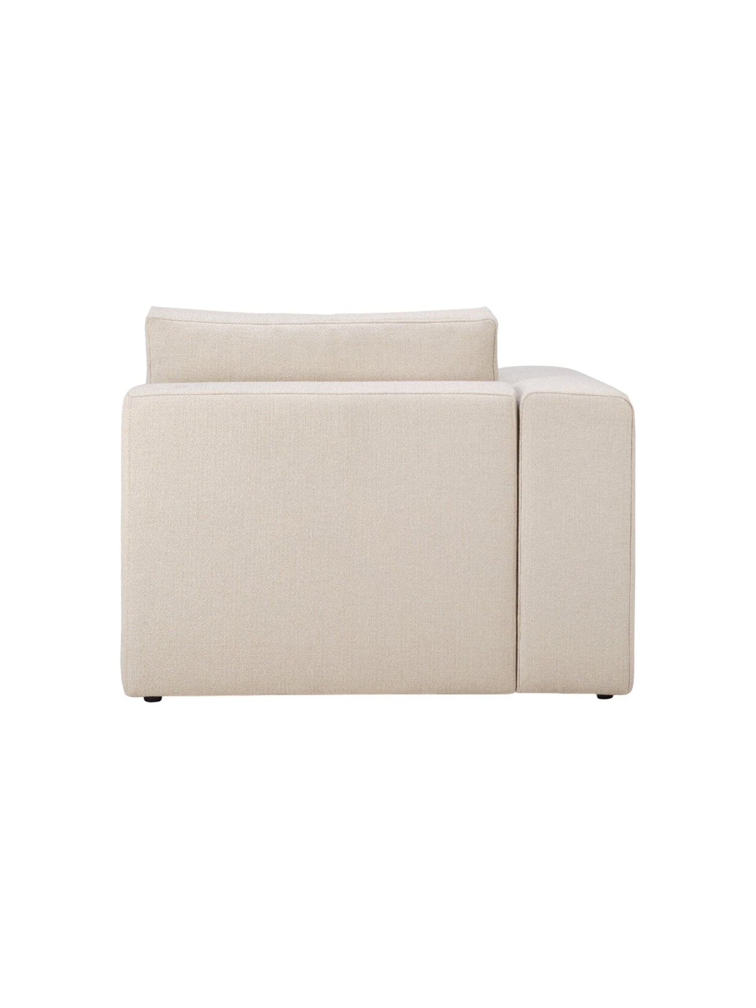 Ethnicraft Mellow Modular Sofa, an end seater with a right arm, viewed from the front, highlighting its generous seating and premium cream-colored, textured fabric upholstery on a white background.