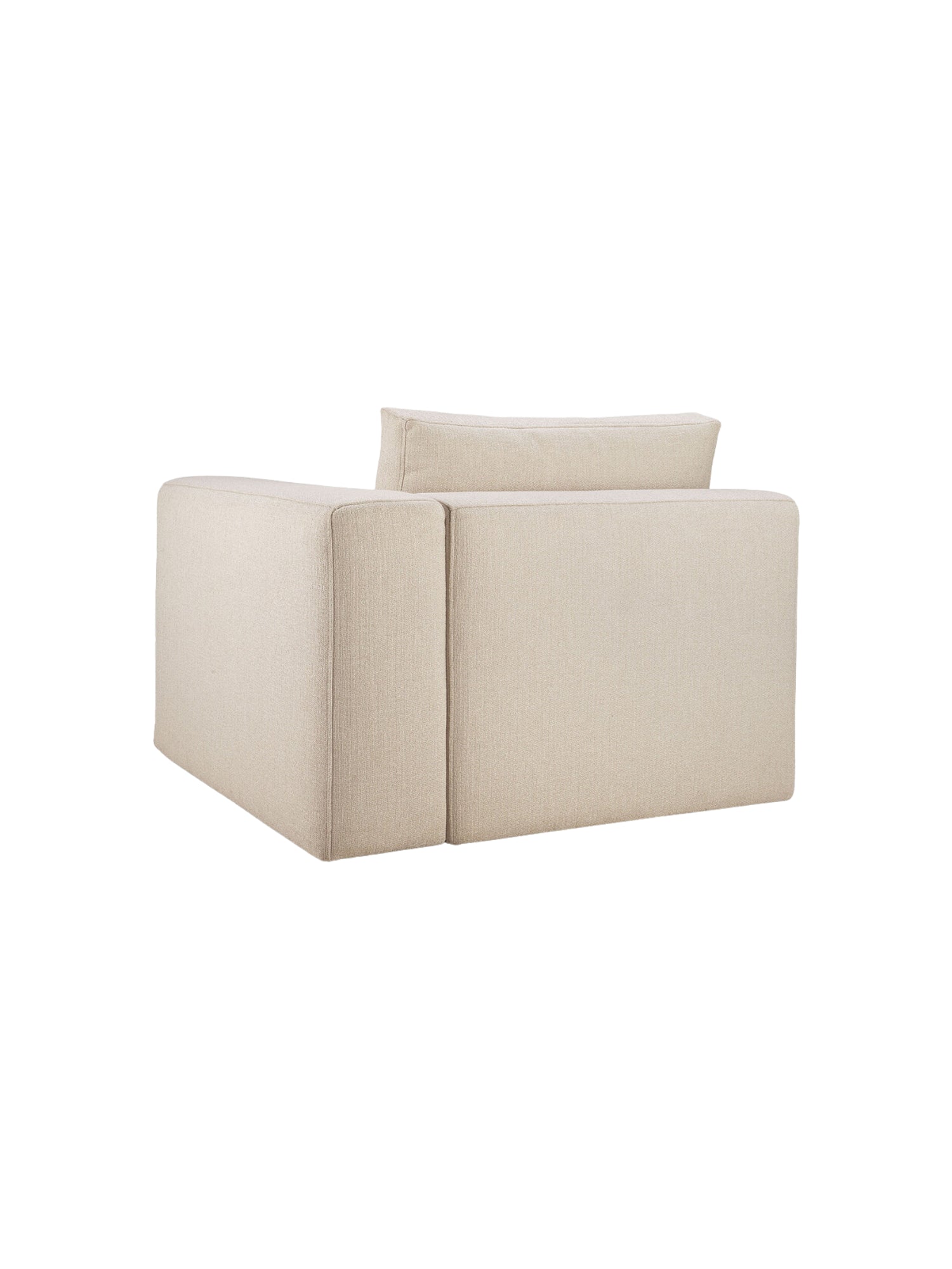 Ethnicraft Mellow Modular Sofa, an end seater with a right arm, presented from a three-quarter front angle, showcasing its inviting cream-colored, textured fabric and contemporary design on a white background.