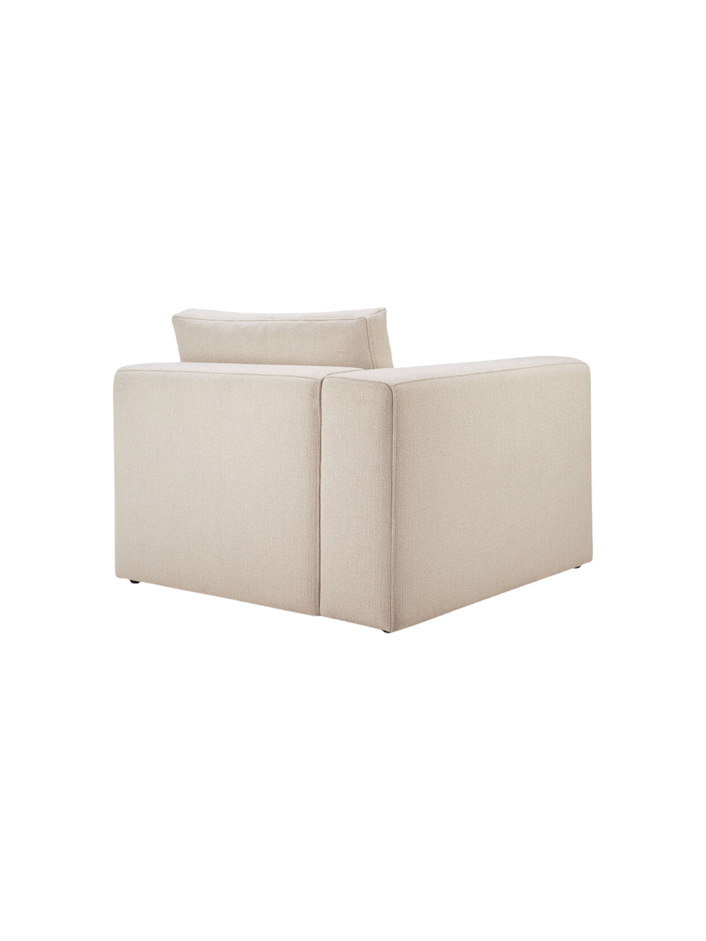 Ethnicraft Mellow Modular Sofa, an end seater with a right arm, captured from a three-quarter back angle, revealing its modern, minimalist form and soft cream-colored fabric on a white background.