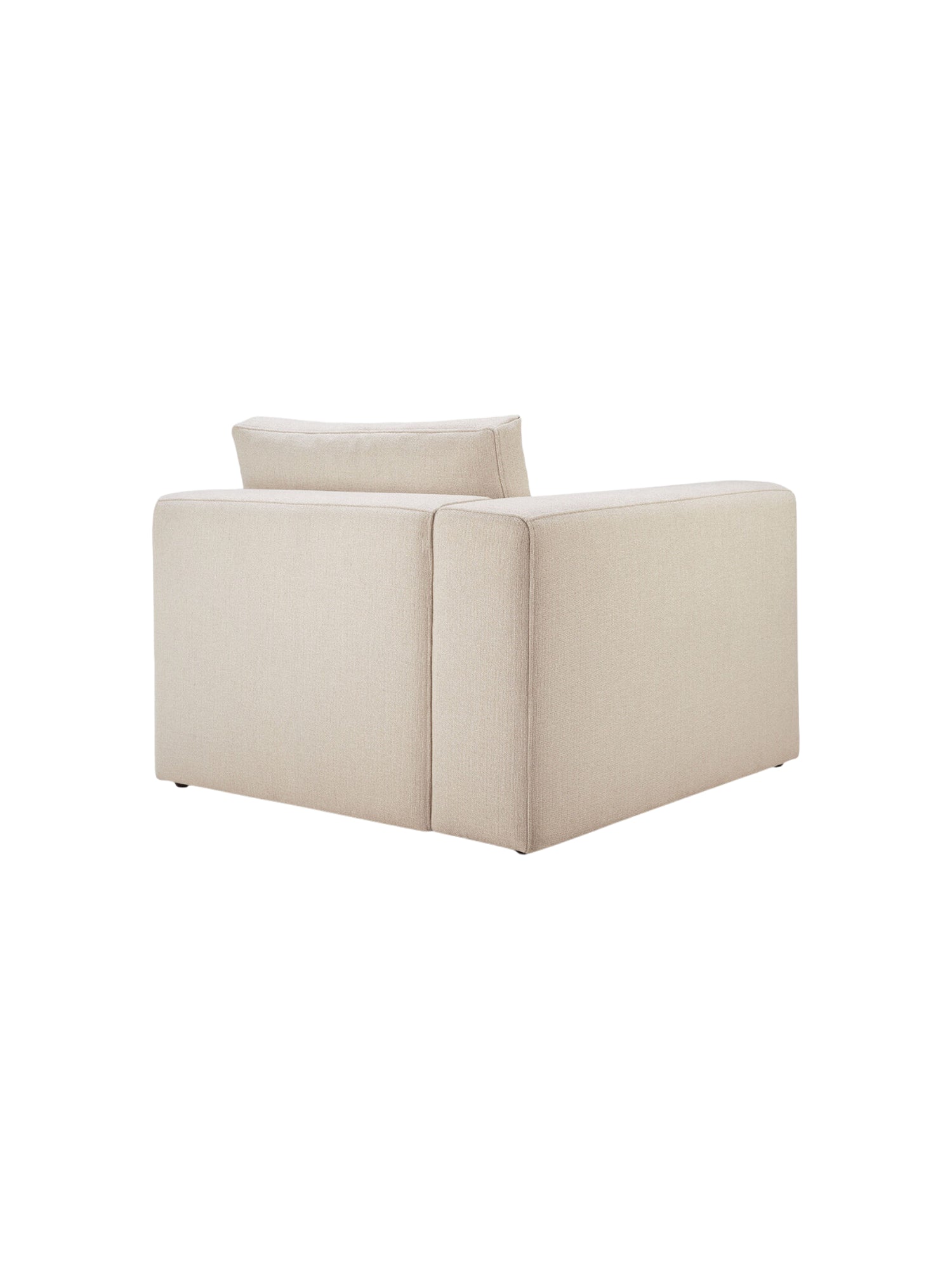 Ethnicraft Mellow Modular Sofa, an end seater with a right arm, captured from a three-quarter back angle, revealing its modern, minimalist form and soft cream-colored fabric on a white background.