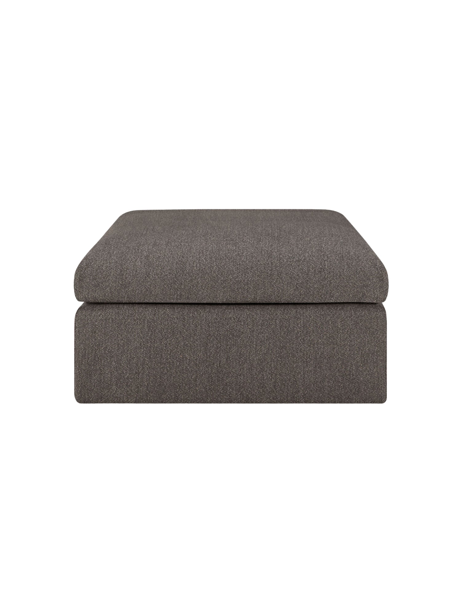 Ethnicraft Mellow Modular Sofa footstool, a rectangular, plush ottoman upholstered in a rich, textured dark grey fabric. This comfortable and versatile piece features a soft, inviting top cushion and clean, modern lines, displayed on a white background.
