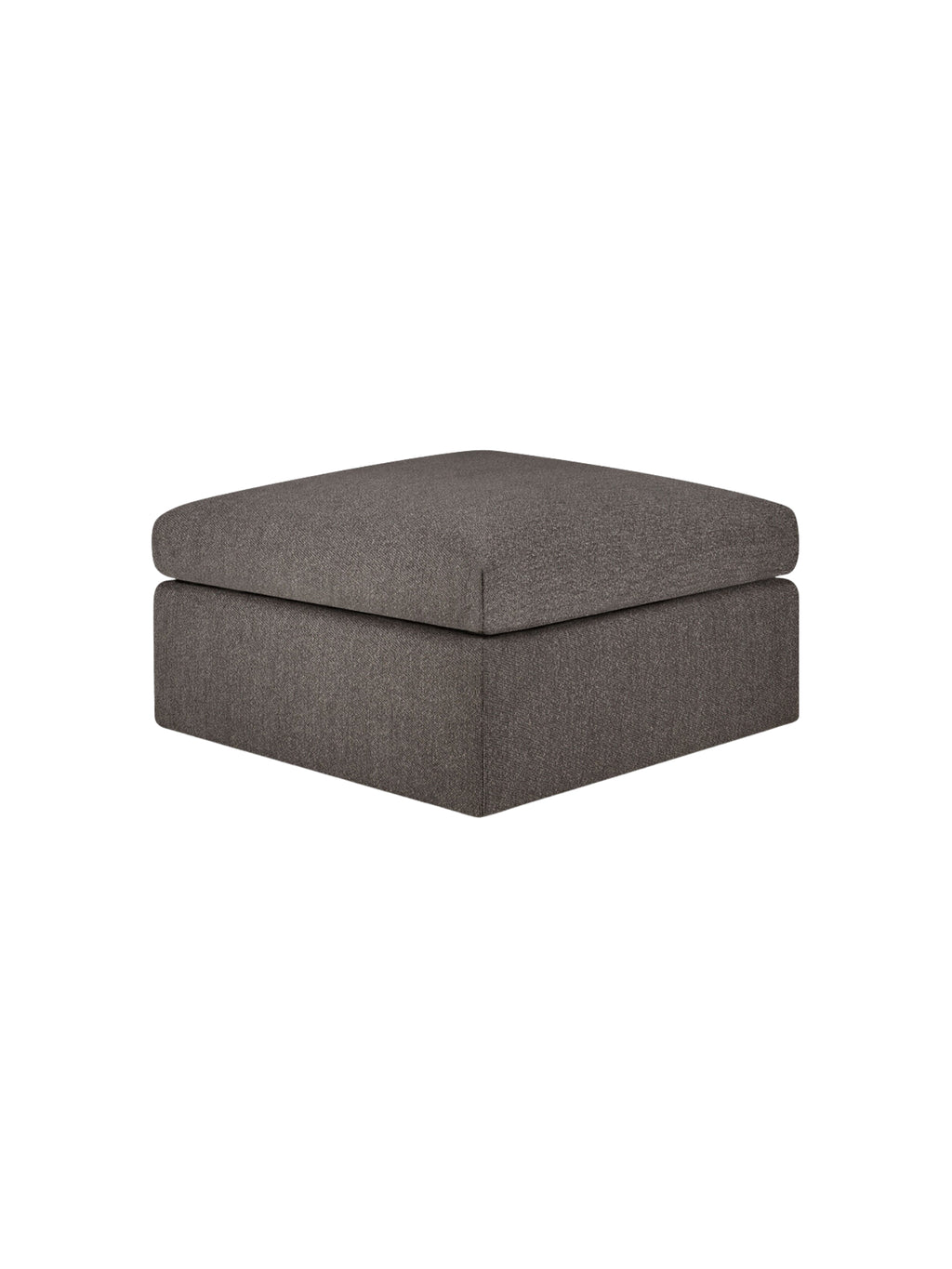 Ethnicraft Mellow Modular Sofa footstool, a square, plush ottoman upholstered in a textured dark grey fabric. This comfortable and versatile piece features clean lines and a soft, inviting appearance, presented on a crisp white background.