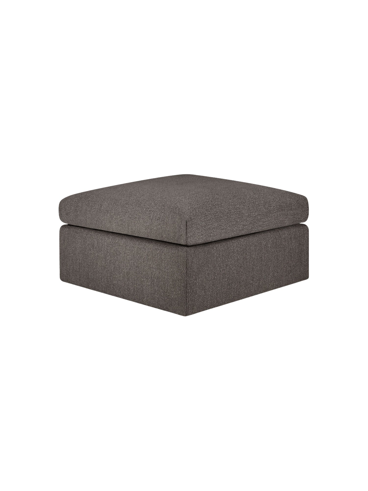 Ethnicraft Mellow Modular Sofa footstool, a square, plush ottoman upholstered in a textured dark grey fabric. This comfortable and versatile piece features clean lines and a soft, inviting appearance, presented on a crisp white background.