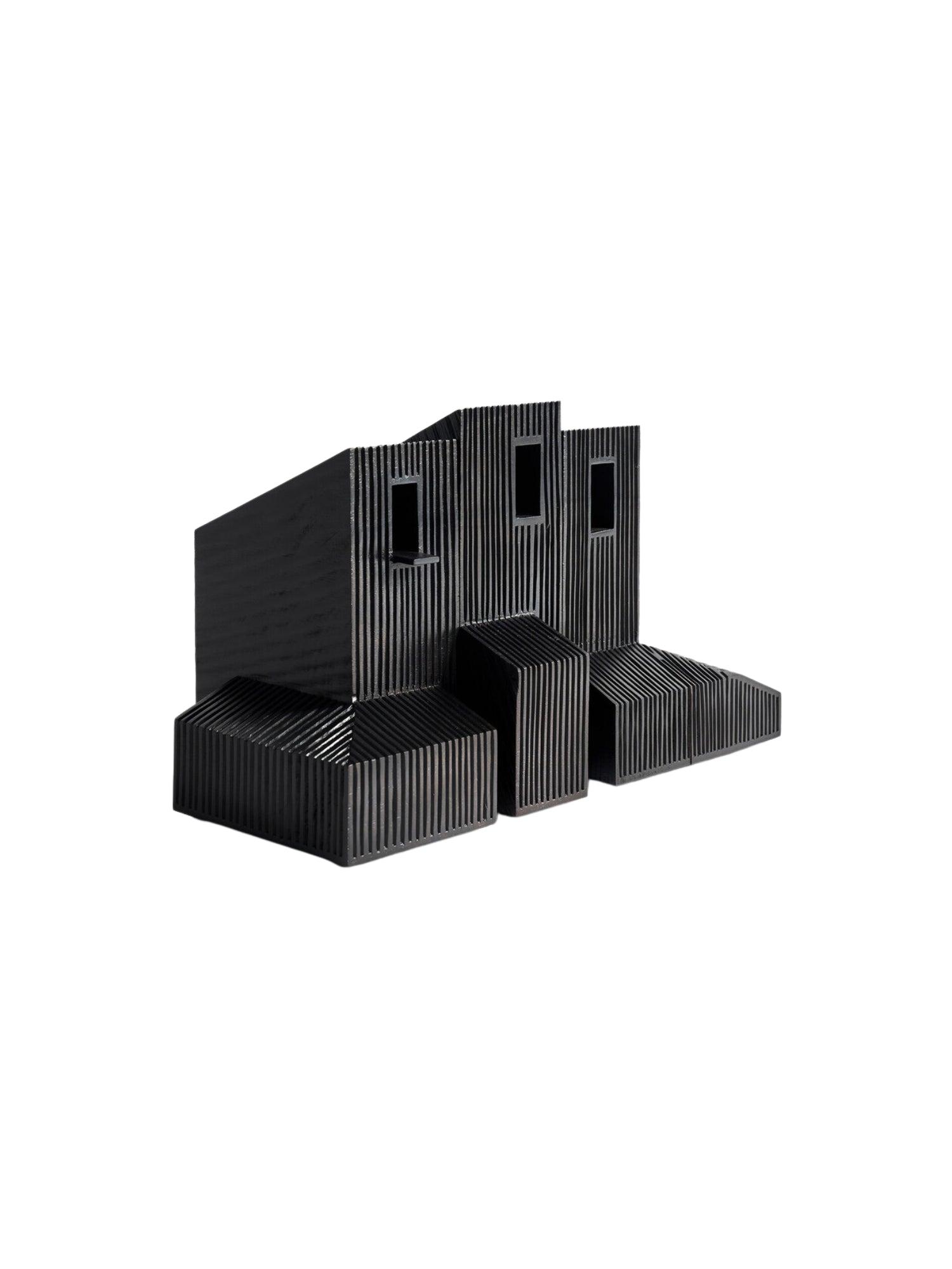 Ethnicraft Modern Farmhouse Object, a striking black wooden sculpture with intricate vertical and horizontal grooves, forming a multi-layered, architectural design, presented on a clean white background.