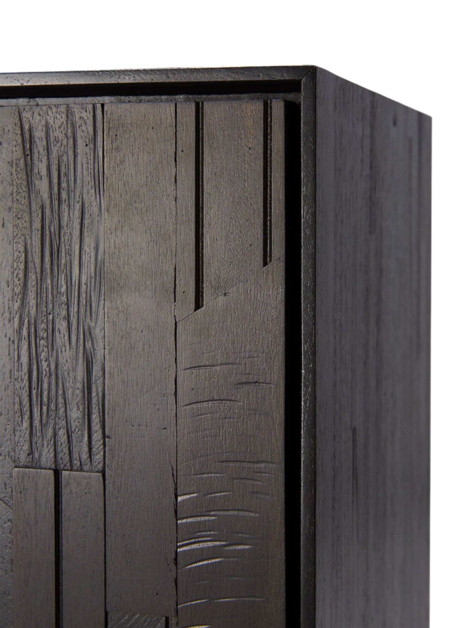 Ethnicraft Mosaic Sideboard, a detailed corner view of the dark off-black teak wood cabinet, emphasizing the rich, textured mosaic pattern on the door and the smooth, solid wood frame.