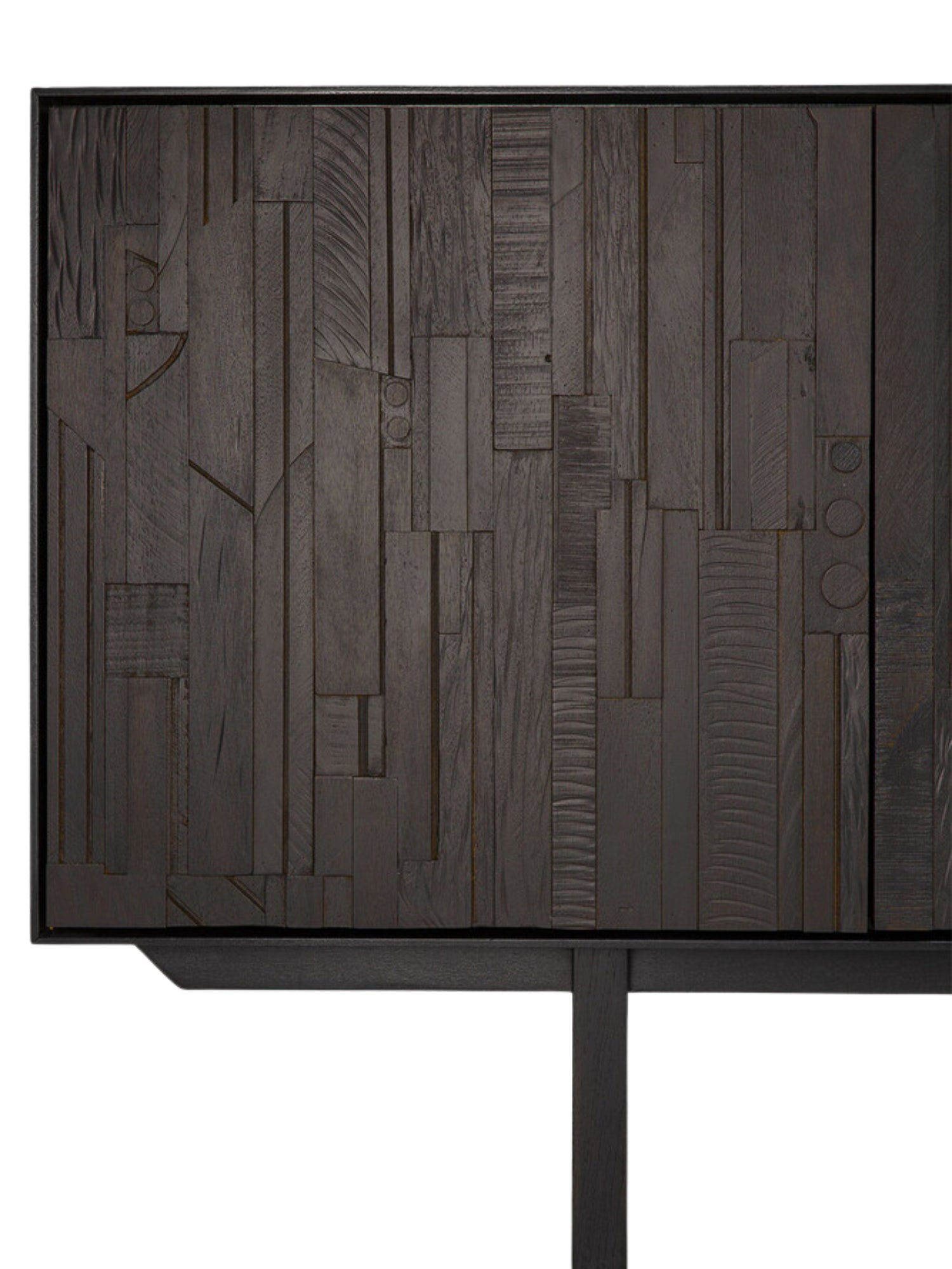 Ethnicraft Mosaic Sideboard, a detailed close-up of the dark off-black teak wood door, revealing the intricate, handcrafted mosaic pattern and rich texture of the premium, modern design.