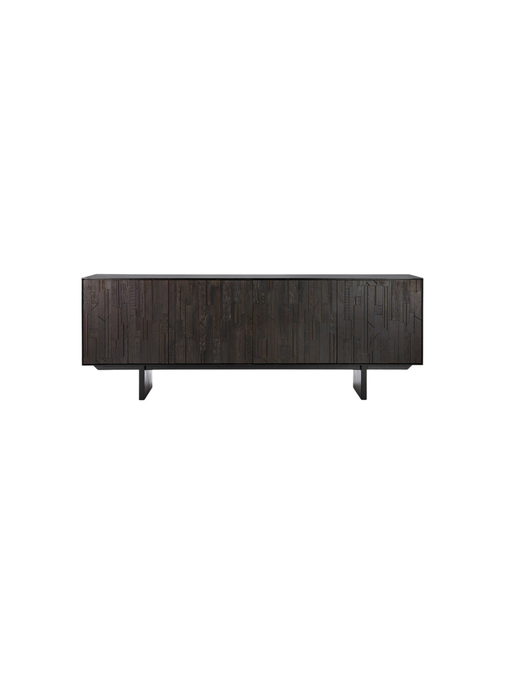 Ethnicraft Mosaic Sideboard, a striking front view of the dark off-black teak wood cabinet, featuring unique textured mosaic patterns on its doors and sturdy base, displayed on a white background.